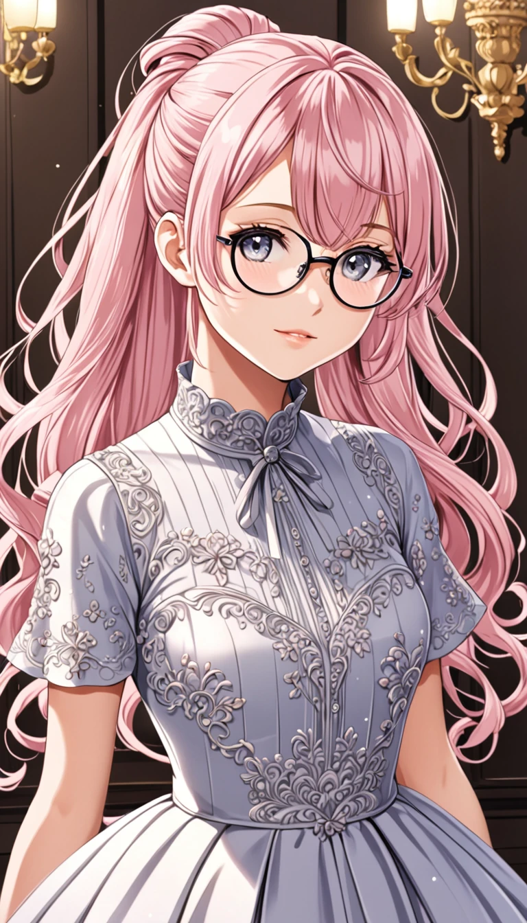 1 anime woman, 15 years, light pink waivy hair tied in a pony tail, fringe separated in the middle and waivy, grey eyes, round discreet glasses, french style, ornamented dress.