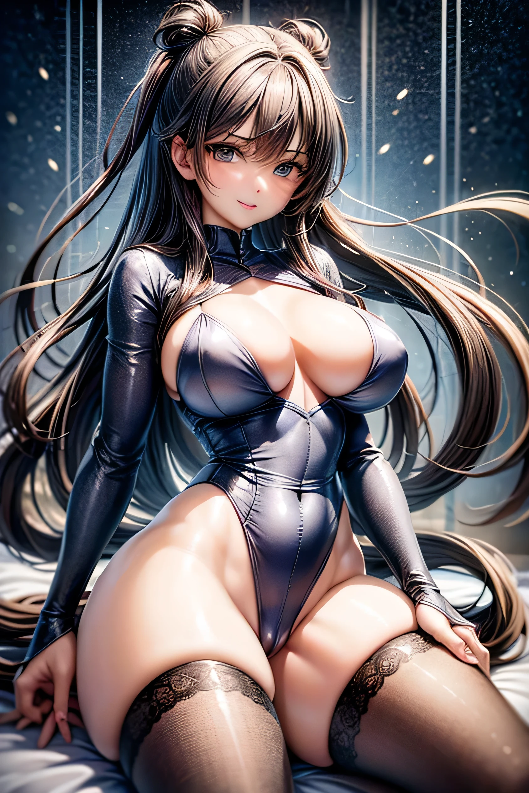 (Photorealistic:1.8, highest quality:1.8,8K masterpiece:1.8,High resolution,Mastepiece:1.8,RAW Photos,Cinematic lighting),No split screen、Highway at night、 (Fighting 1 Android Girl)、choker、High leg bodysuit with tight fit、Venetian Mask、Wide open chest、Pop-style body painting on the whole body、Knee-high boots、Pop design decoration、(Soryu Asuka Langley)、
Beautiful ass、Beautiful thighs、Beautiful breasts、Nipples visible through clothing、Plump nipples、cameltoe、correct2Benzu、A rich expression、fearless smile、Appealing gaze、
(Beautiful, shining blue-white-silver-black hair:1.5)、Photo from below