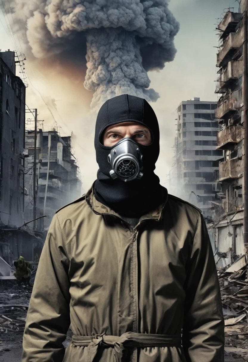 generates the cover image for a trapp record urban setting nuclear catastrophe a man in the foreground with a grotesque style balaclava