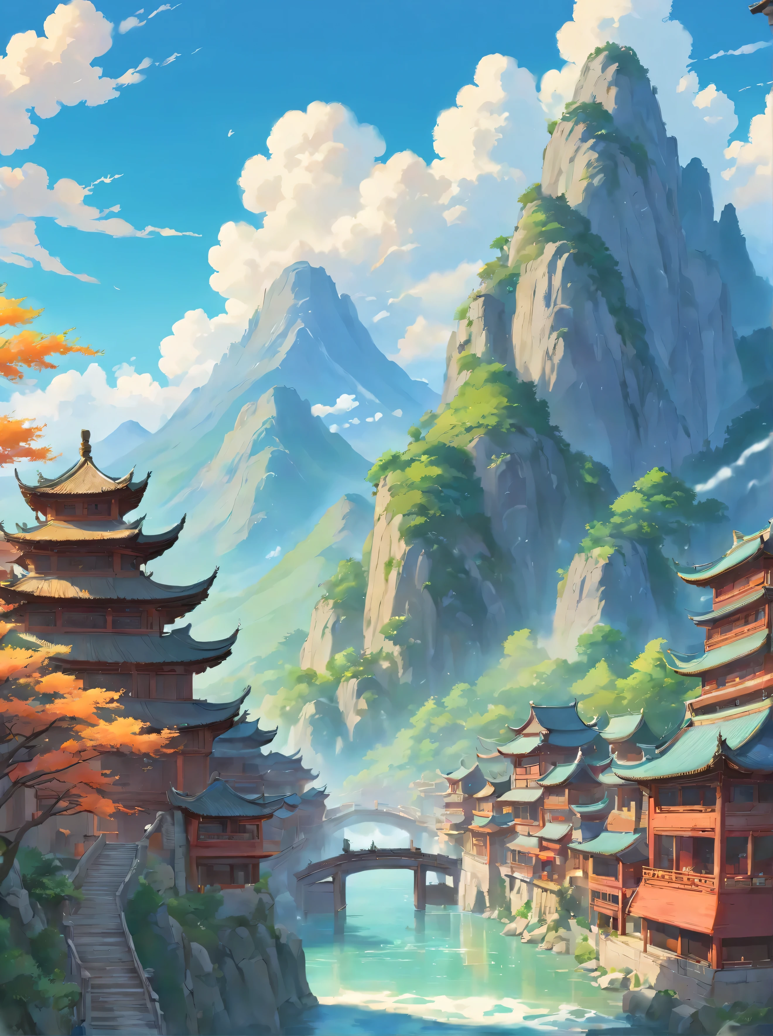 Ancient Chinese scenery, mountains, rivers, auspicious clouds, sunshine, masterpieces, super detail, epic composition, ultra HD, high quality, extremely detailed, official art, unified 8k wallpaper, Super detail, 32k -- v 6