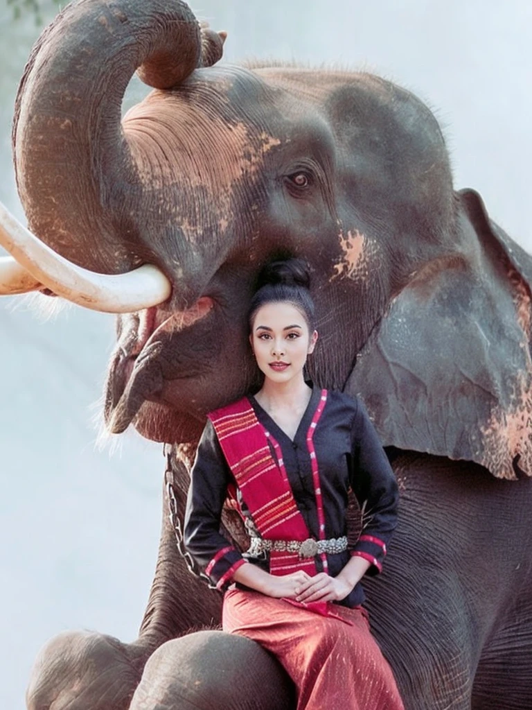 There was a woman sitting on an elephant with tusks., Sukhothai set, Niwan Chandra, traditional beauty, According to Thawan Duchanee's style, Focus on the elephant, By Emma Andijewska, Wear a luxurious tribal outfit., wearing authentic attire, Dilraba Dilmurat