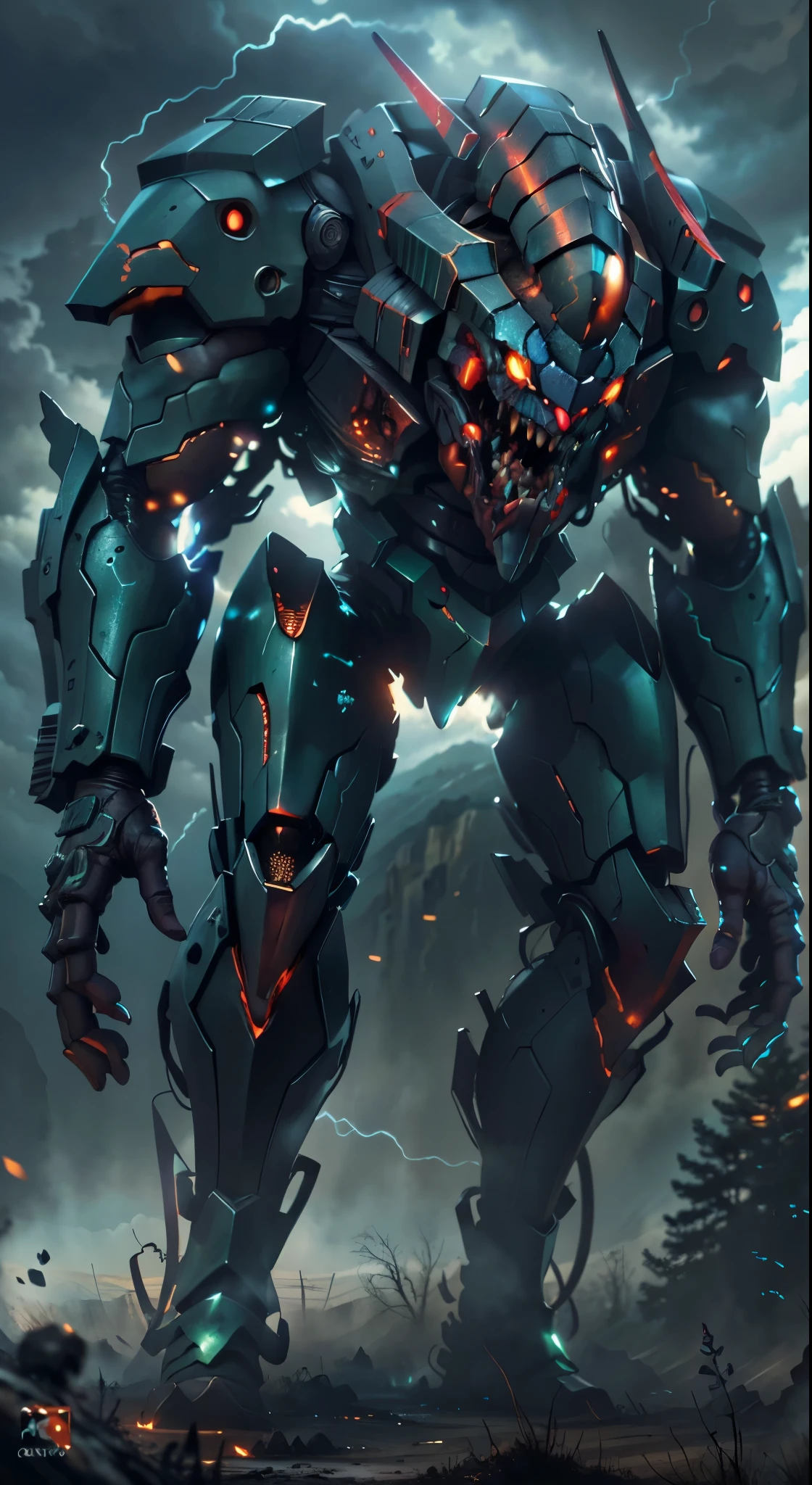 (best quality, 4k, ultra detailed, high resolution, masterpiece: 1.2), giant robotic humanoid (Eva 01) on all fours with its mouth open between trees in a valley, with its mouth open revealing intricate and detailed teeth and tongue, purple armor with glowing green highlights, human arm, berserk mode, and a thin and organic body covered with metallic armor, walking on all fours, smoke and dark atmosphere, green eyes, glowing eyes, bestial roar, broken armor revealing a living organism, thick blood,ominous clouds, dark illustration style, high contrast, dark shadows, atmospheric perspective, ominous colors, cinematic composition, volumetric lighting, numbers, brush strokes, dramatic lighting, low angle, surrealism, super detailed, hyperrealism