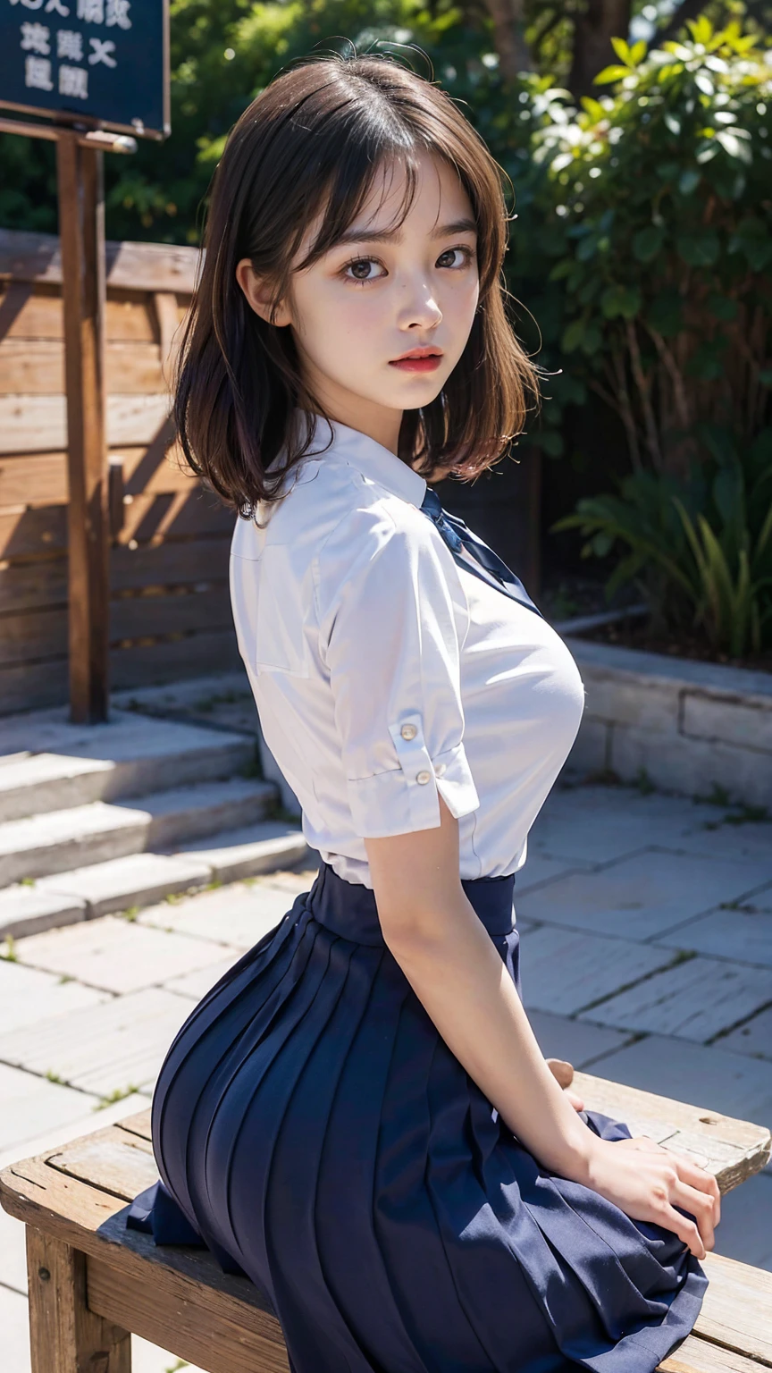 (hig彼st quality、8k、32k、masterpiece)、(Realistic)、(Realistic:1.2)、(High resolution)、Very detailed、Very beautiful face and eyes、1 girl、Delicate body、From Okinawa to the coast,(hig彼st quality、Attention to detail、Rich skin detail)、(hig彼st quality、8k、Oil paint:1.2)、Visible breasts,Smile,Sex Appeal,shy,Very detailed、(Realistic、Realistic:1.37)、Bright colors、Full Body Shot, (high school girl:1.6, White blouse, long pleated skirt of dark blue color, tie), short hair, (((, slim, The body is slim, Large Breasts, Round and seductive ass,I'm in the walking closet,Sticking her ass out to the camera)))