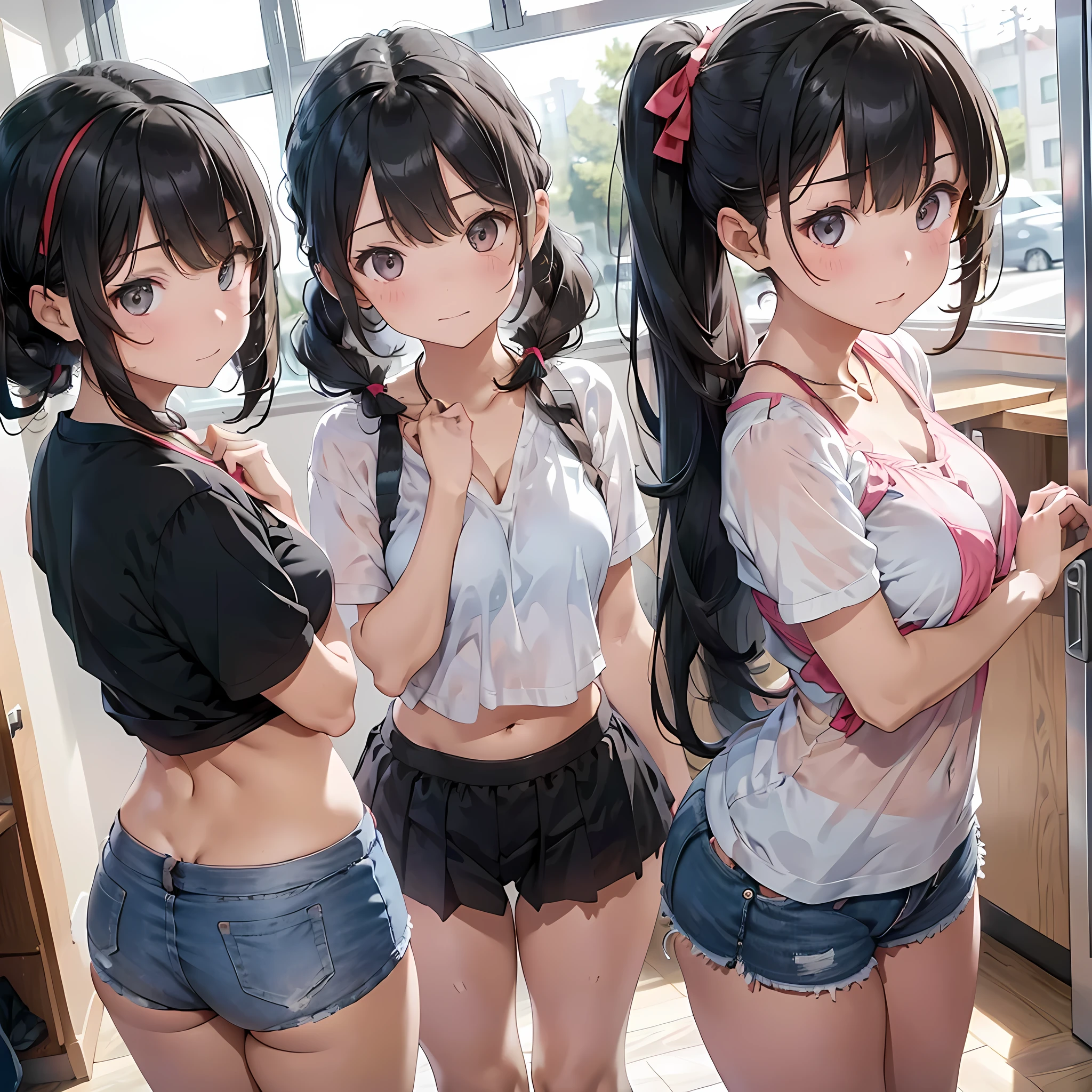 ((three girls are sticking out their big butt boldly)), (body shot), (School changing room), Laughing with your mouth open, slender, hair band, Headband, hair bobbles, brown hair, blond hair, navel, jewelry, looking at viewer, necklace, long hair, short hair, Abdominal muscles, (Thong:1.4), (big butt), straight hair, bob cut, blunt bangs, silky hair, jet black hair, hair clip, hair band, hair ribbon, one-length haircut, ducktail, outward curled hair, French twist hair, twintails, side ponytail, single braid, wavy hair, bangs pinned back,
