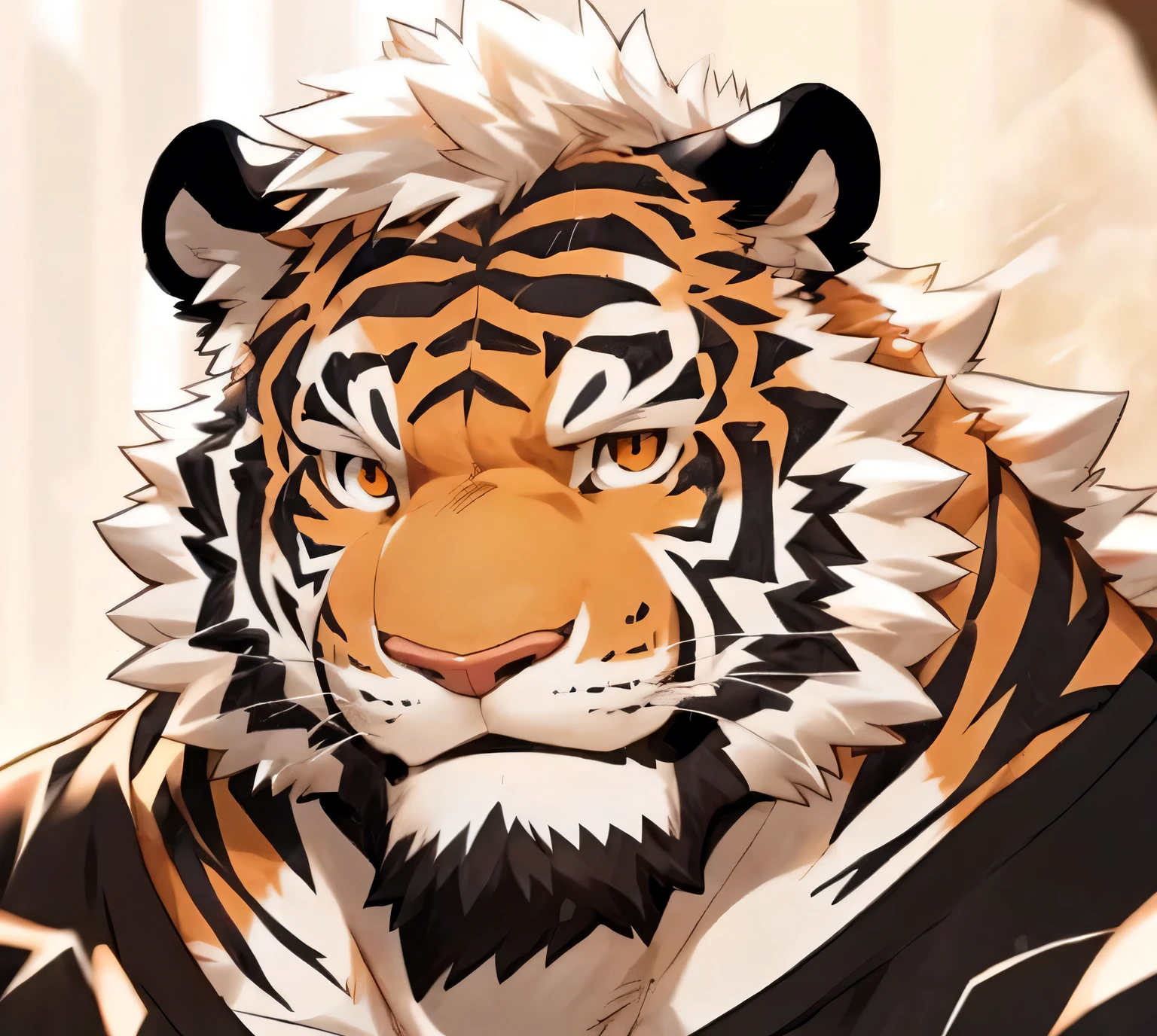 Humanity, Kanno, male, alone, ((round face, Very plump face,orange eyes,thick beard)), ((endomorph body type, Handsome)), (Modern shirt), ((domestic Tiger, Tiger) fluffy fur, fluffy), (by the river), Bokeh, (high quality, high resolution, masterpiece), (dynamic lighting, Bright colors), (Generous smile), (Face focus), Front view (close up), cartoon, author:Arashi Takemoto, by zixiong, Through Chun Ni, by empty ghost