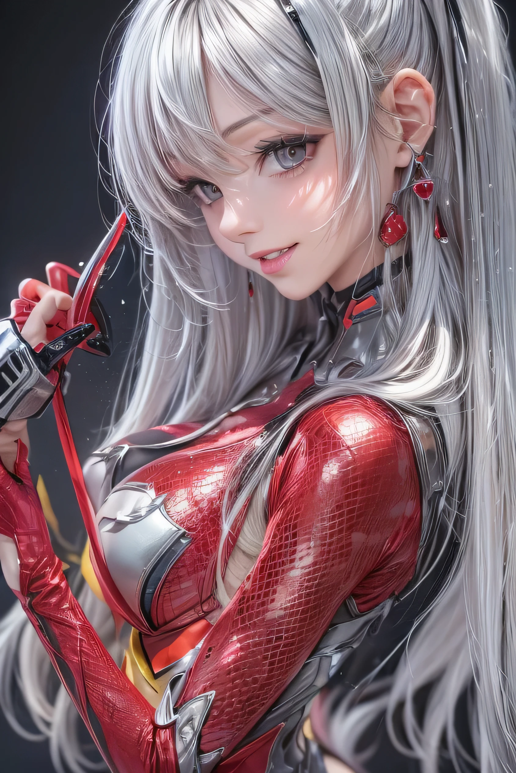(Photorealistic:1.8, highest quality:1.8,8K masterpiece:1.8,High resolution,Mastepiece:1.8,RAW Photos,Cinematic lighting),No split screen、Highway at night、 (Fighting 1 Android Girl)、choker、High-cut fishnet bodysuit、Mouth gag、Venetian Mask、Wide open chest、Pop-style body painting on the whole body、Knee-high boots、Pop design hair accessories、(Soryu Asuka Langley)、
Beautiful ass、Beautiful thighs、Beautiful breasts、chest emphasis、Nipples visible through clothing、Plump nipples、cameltoe、correct2Benzu、A rich expression、fearless smile、Appealing gaze、
(Beautiful, shining red, blue, white, black and silver hair:1.5)、Top view