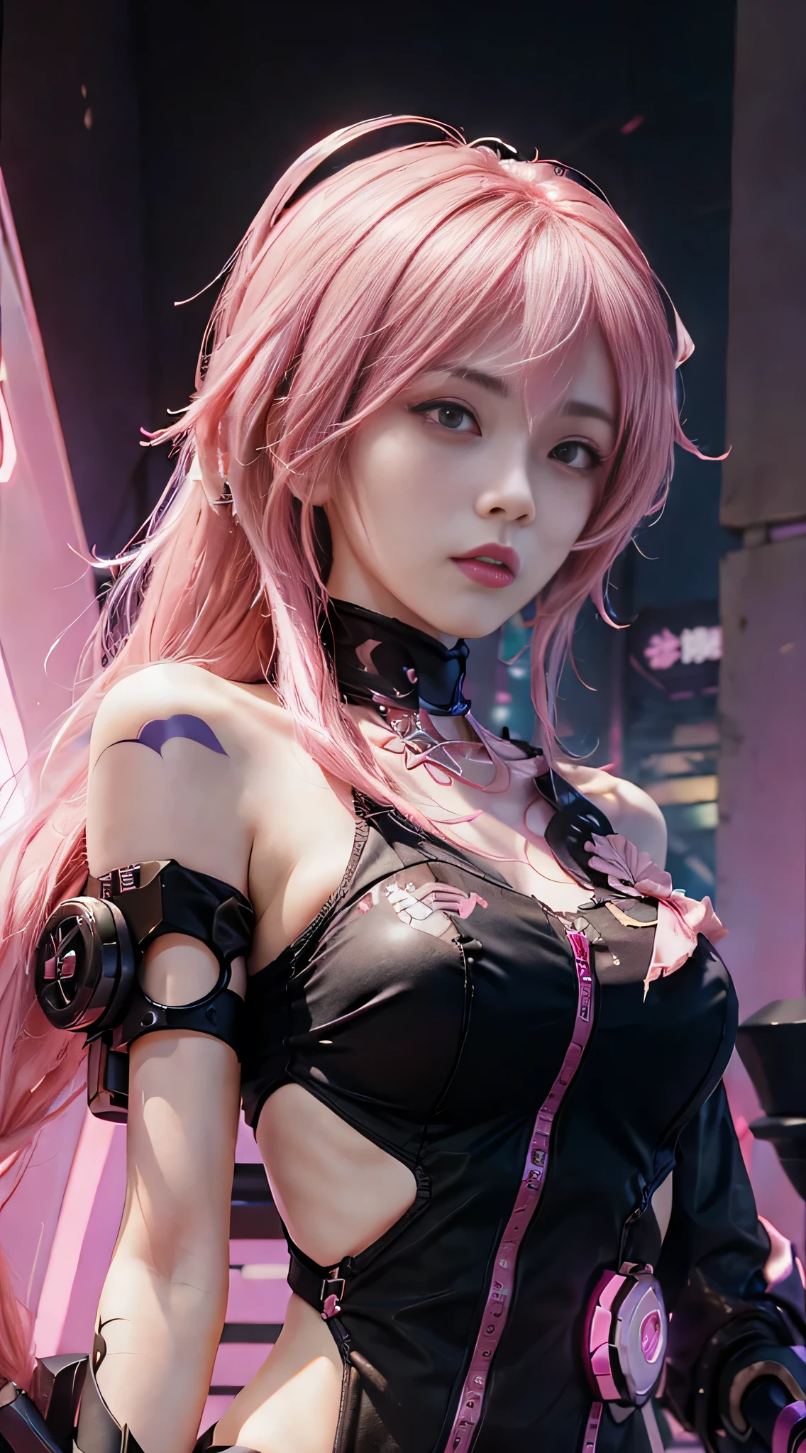 ((8K quality)) + ((pink hair)) + ((cyberpunk)) + (samurai) + (woman) + ((pink eyes)) + (pink glowing katana) + (sci-fi) + (((pale skin))) + ((((anime style)))) + (goth) + (edgy) + (evil)