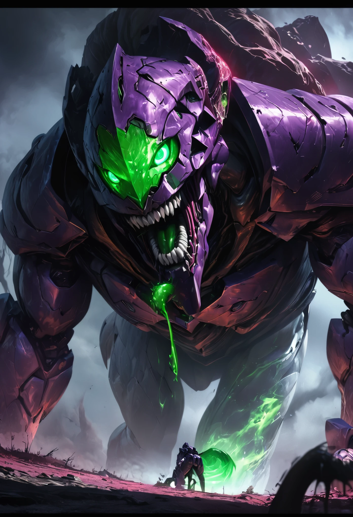 (best quality, 4k, ultra detailed, high resolution, masterpiece: 1.2), giant robotic humanoid (Eva 01) on all fours with its mouth open between trees in a valley, with its mouth open revealing intricate and detailed teeth and tongue, purple armor with glowing green highlights, human arm, berserk mode, and a thin and organic body covered with metallic armor, walking on all fours, smoke and dark atmosphere, green eyes, glowing eyes, bestial roar, broken armor revealing a living organism, thick blood,ominous clouds, dark illustration style, high contrast, dark shadows, atmospheric perspective, ominous colors, cinematic composition, volumetric lighting, numbers, brush strokes, dramatic lighting, low angle, surrealism, super detailed, hyperrealism