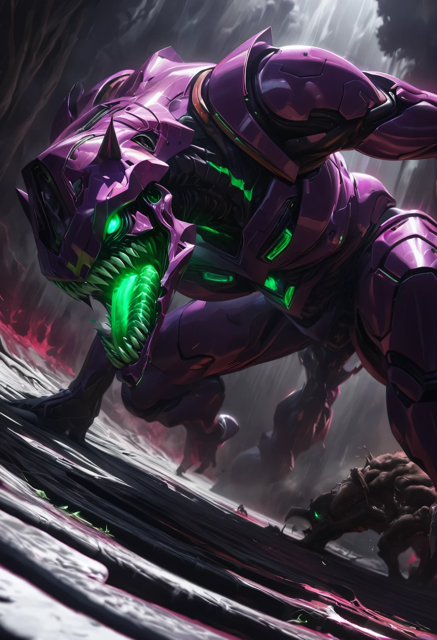 (best quality, 4k, ultra detailed, high resolution, masterpiece: 1.2), giant robotic humanoid (Eva 01) on all fours with its mouth open between trees in a valley, with its mouth open revealing intricate and detailed teeth and tongue, purple armor with glowing green highlights, human arm, berserk mode, and a thin and organic body covered with metallic armor, walking on all fours, smoke and dark atmosphere, green eyes, glowing eyes, bestial roar, broken armor revealing a living organism, thick blood,ominous clouds, dark illustration style, high contrast, dark shadows, atmospheric perspective, ominous colors, cinematic composition, volumetric lighting, numbers, brush strokes, dramatic lighting, low angle, surrealism, super detailed, hyperrealism