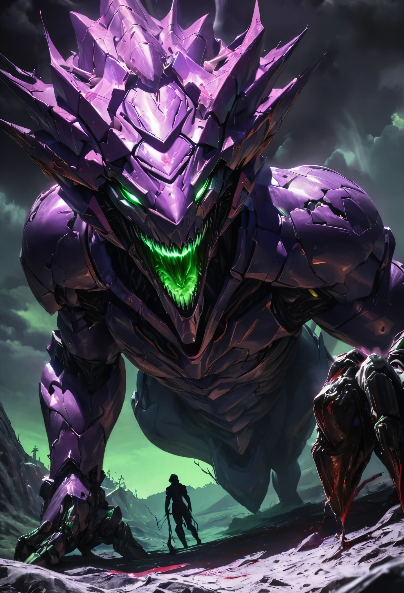 (best quality, 4k, ultra detailed, high resolution, masterpiece: 1.2), giant robotic humanoid (Eva 01) on all fours with its mouth open between trees in a valley, with its mouth open revealing intricate and detailed teeth and tongue, purple armor with glowing green highlights, human arm, berserk mode, and a thin and organic body covered with metallic armor, walking on all fours, smoke and dark atmosphere, green eyes, glowing eyes, bestial roar, broken armor revealing a living organism, thick blood,ominous clouds, dark illustration style, high contrast, dark shadows, atmospheric perspective, ominous colors, cinematic composition, volumetric lighting, numbers, brush strokes, dramatic lighting, low angle, surrealism, super detailed, hyperrealism