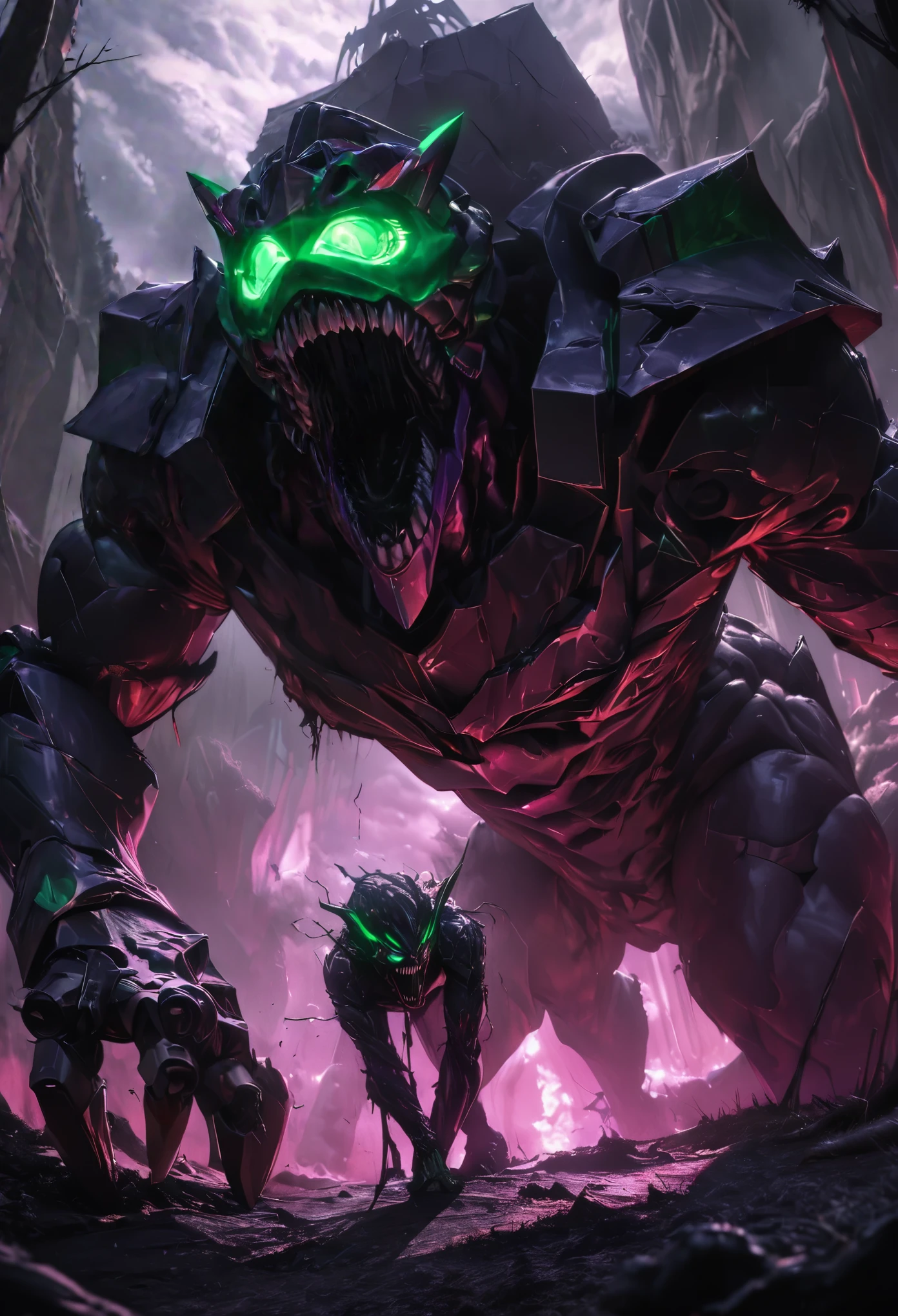 (best quality, 4k, ultra detailed, high resolution, masterpiece: 1.2), giant robotic humanoid (Eva 01) on all fours with its mouth open between trees in a valley, with its mouth open revealing intricate and detailed teeth and tongue, purple armor with glowing green highlights, human arm, berserk mode, and a thin and organic body covered with metallic armor, walking on all fours, smoke and dark atmosphere, green eyes, glowing eyes, bestial roar, broken armor revealing a living organism, thick blood,ominous clouds, dark illustration style, high contrast, dark shadows, atmospheric perspective, ominous colors, cinematic composition, volumetric lighting, numbers, brush strokes, dramatic lighting, low angle, surrealism, super detailed, hyperrealism