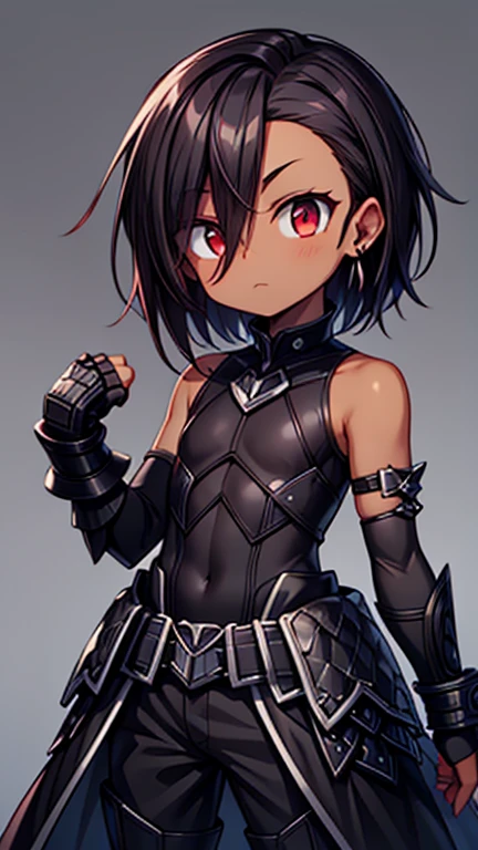 Masterpiece High res, high definition, (((dark skin tone))),dark skin male, dark skin, cute shota,red eyes, black hair Accessory, brown hair, long dark brown hair,wearing a black exoskeleton, black detached sleeves, black skin tight sleeveless shirt, black armoured Gauntlets, black bodysuit,black exoskeleton, black fingerless gloves,