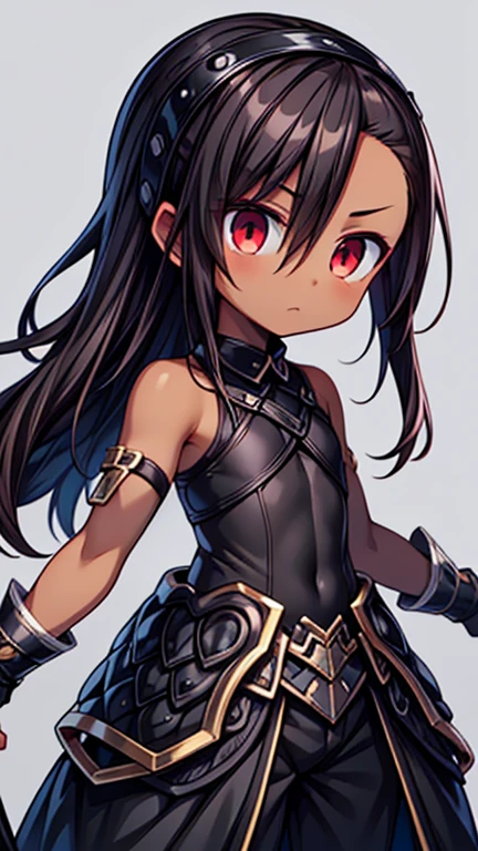 Masterpiece High res, high definition, (((dark skin tone))),dark skin male, dark skin, cute shota,red eyes, black hair Accessory, brown hair, long dark brown hair,wearing a black exoskeleton, black detached sleeves, black skin tight sleeveless shirt, black armoured Gauntlets, black bodysuit,black exoskeleton, black fingerless gloves,