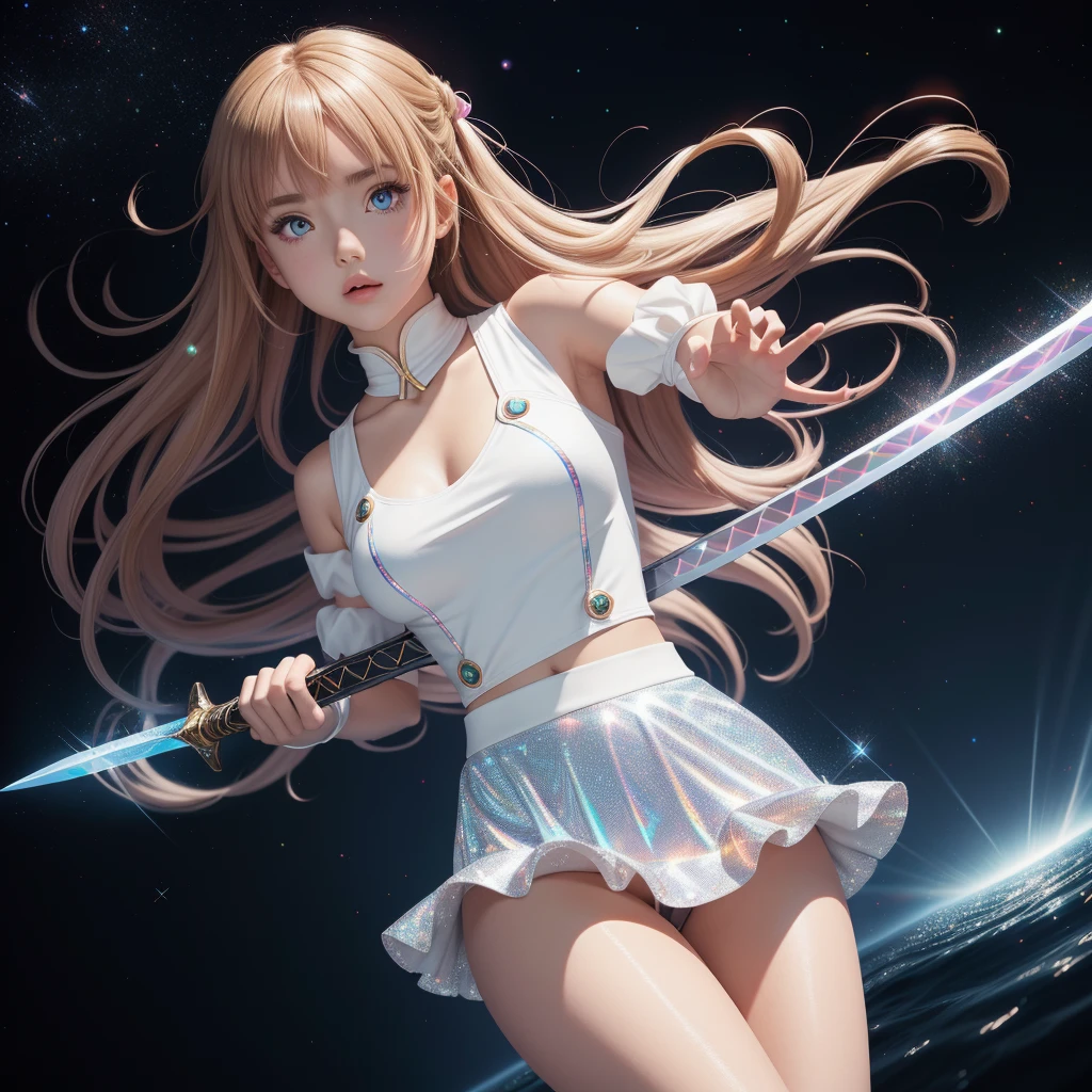 realista, 1 chica, asuna ,anime sword art online ,Holographic hair, heterochromic eyes, Ojos brillantes, holographic dress top, short holographic mini skirt, labios partidos, rubor, noche, rosas blancas, pasteles, Brillantina, standing position to the camera, raising her miniskirt with her hands showing her buttocks to the viewer