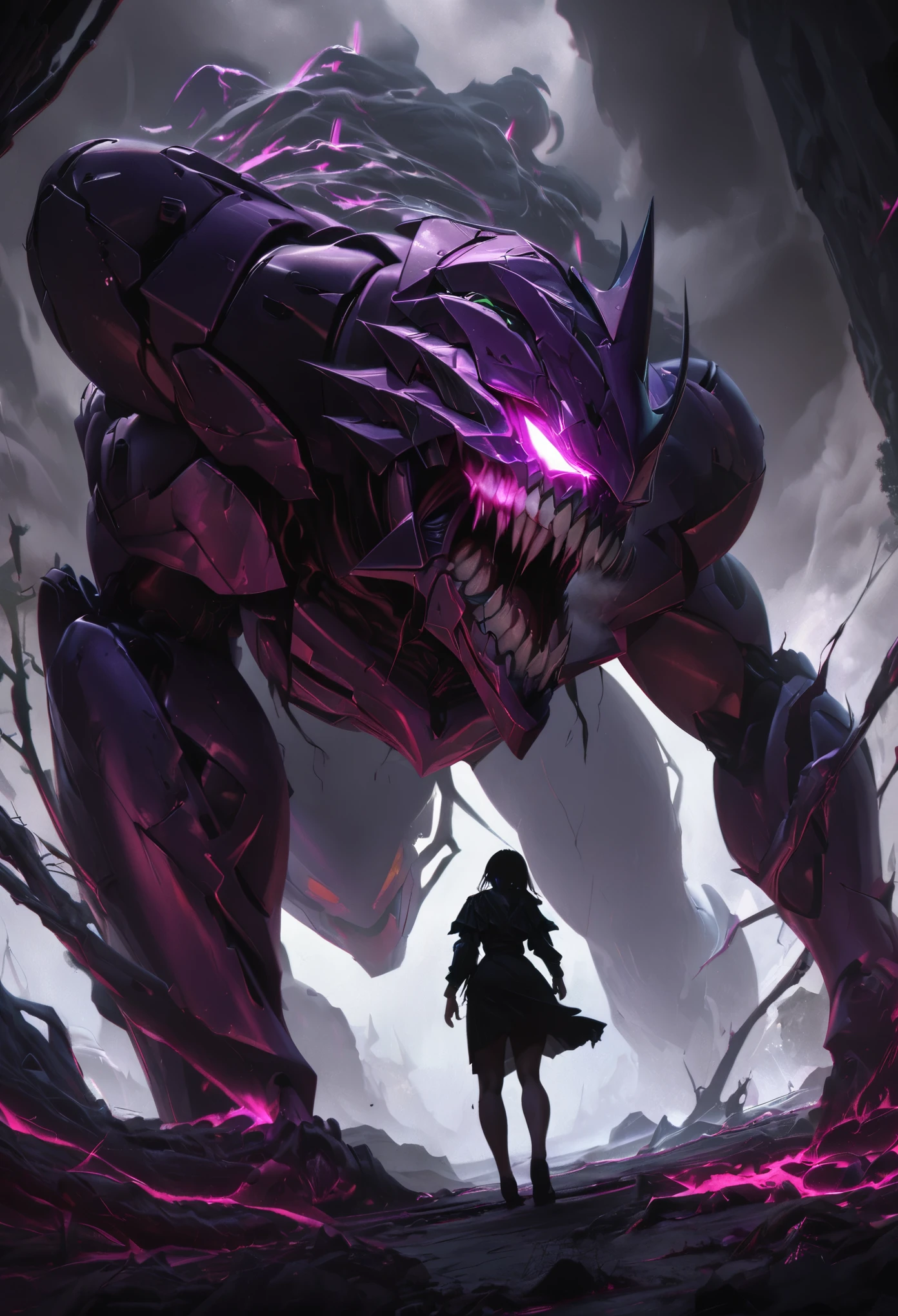 (best quality, 4k, ultra detailed, high resolution, masterpiece: 1.2), giant robotic humanoid (Eva 01) on all fours with its mouth open between trees in a valley, with its mouth open revealing intricate and detailed teeth and tongue, purple armor with glowing green highlights, human arm, berserk mode, and a thin and organic body covered with metallic armor, walking on all fours, smoke and dark atmosphere, green eyes, glowing eyes, bestial roar, broken armor revealing a living organism, thick blood,ominous clouds, dark illustration style, high contrast, dark shadows, atmospheric perspective, ominous colors, cinematic composition, volumetric lighting, numbers, brush strokes, dramatic lighting, low angle, surrealism, super detailed, hyperrealism