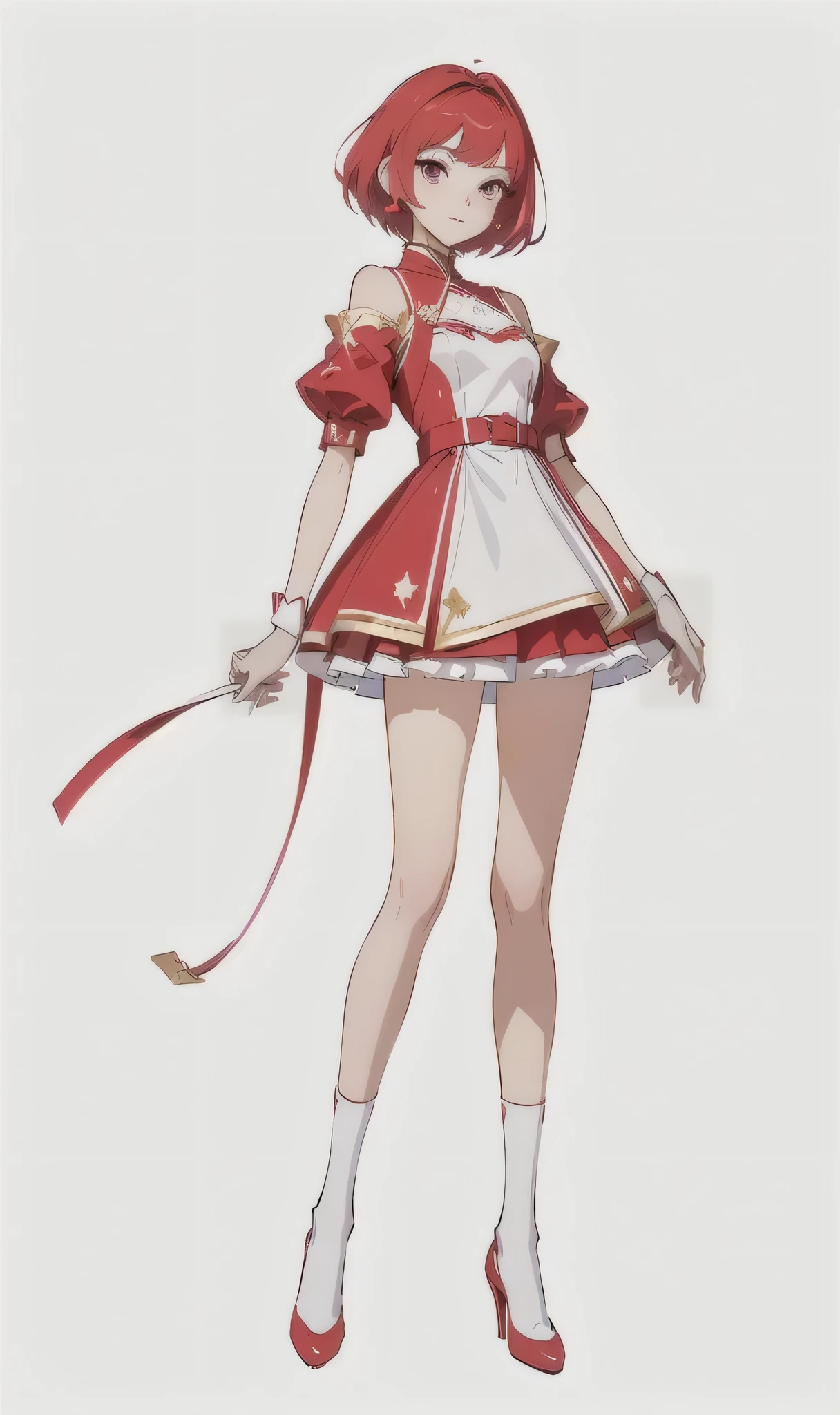 A young princess alone, red short hair, pink eyes, slim build, wine red outfit with white and gold details, short dress, red shorts under the dress, golden shoes,
long white socks, full body, concept art character, cartoon style, beautiful and bright colors, white background