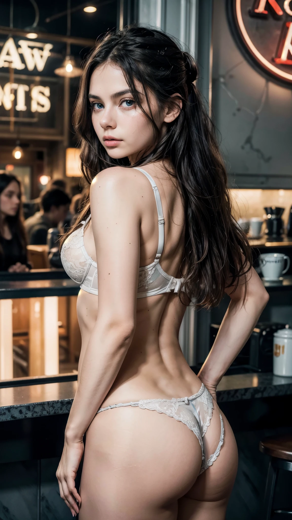 (Raw photo:1.2), (Photorealistic), Beautiful detailed girl, Very detailed eyes and face, Beautiful detailed eyes, Huge file size, High resolution, Very detailed, Best Quality, [masterpiece:1.6], Illustration, Very detailed, Fine detail, Best Quality, 32K Wallpaper, intricate details, in a modern coffee shop, neon signs, beautiful girl, wavy hair, small breast, d4fn3, sexy panties and bra, full body photo, back view
