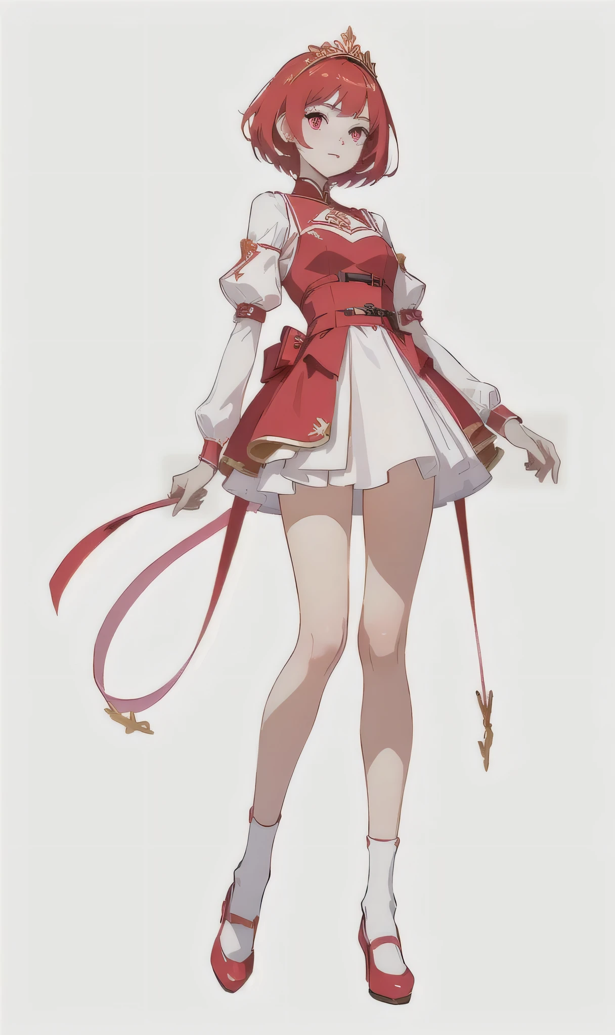 A young princess alone, red short hair, pink eyes, slim build, wine red outfit with white and gold details, short dress, red shorts under the dress, golden shoes, 
long white socks, full body, concept art character, cartoon style, beautiful and bright colors, white background
