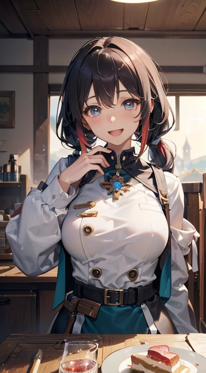 (fantasy:1.5),(anime,8k,masterpiece, top quality, best quality,beautiful and aesthetic:1.2,professional illustrasion:1.1,ultra detail:1.3,perfect lighting),extremely detailed,highest detailed,incredibly absurdres , highres, ultra detailed,intricate:1.6,(Alchemy Workshop:1.4),A girl mixing,Medicine in many small bottles,holding small potion,cute colorful:1.5,zentangle,(1girl),(girl),(Military uniform, bulletproof jacket), (double breasted,under bust:1.2), sitting at a table, cute, highest quality visual of a cute girl,eating cakes, young girl, guweiz, high quality artstyle, girl, artwork in the style of guweiz, beautiful girl, pretty girl, (highly detailed beautiful face and eyes,firm breasts),oily skin,((black,hair,long pony tail hair)),thin pubic hair,cute,lovely,24 years old,smile,seductive weak smiling,(with sparkling eyes and a contagious smile),open mouth, Looking at Viewer,