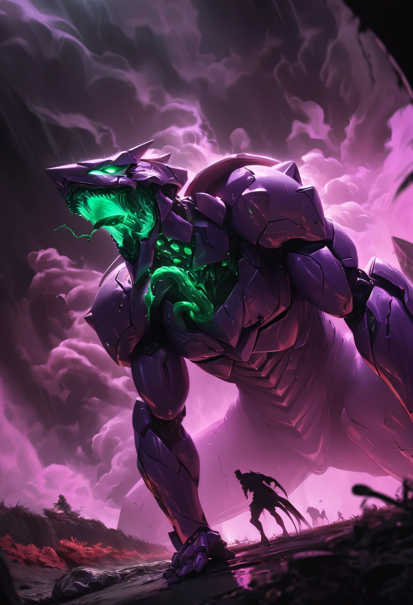 (best quality, 4k, ultra detailed, high resolution, masterpiece: 1.2), giant robotic humanoid (Eva 01) on all fours with its mouth open between trees in a valley, with its mouth open revealing intricate and detailed teeth and tongue, purple armor with glowing green highlights, human arm, berserk mode, and a thin and organic body covered with metallic armor, walking on all fours, smoke and dark atmosphere, green eyes, glowing eyes, bestial roar, broken armor revealing a living organism, thick blood,ominous clouds, dark illustration style, high contrast, dark shadows, atmospheric perspective, ominous colors, cinematic composition, volumetric lighting, numbers, brush strokes, dramatic lighting, low angle, surrealism, super detailed, hyperrealism