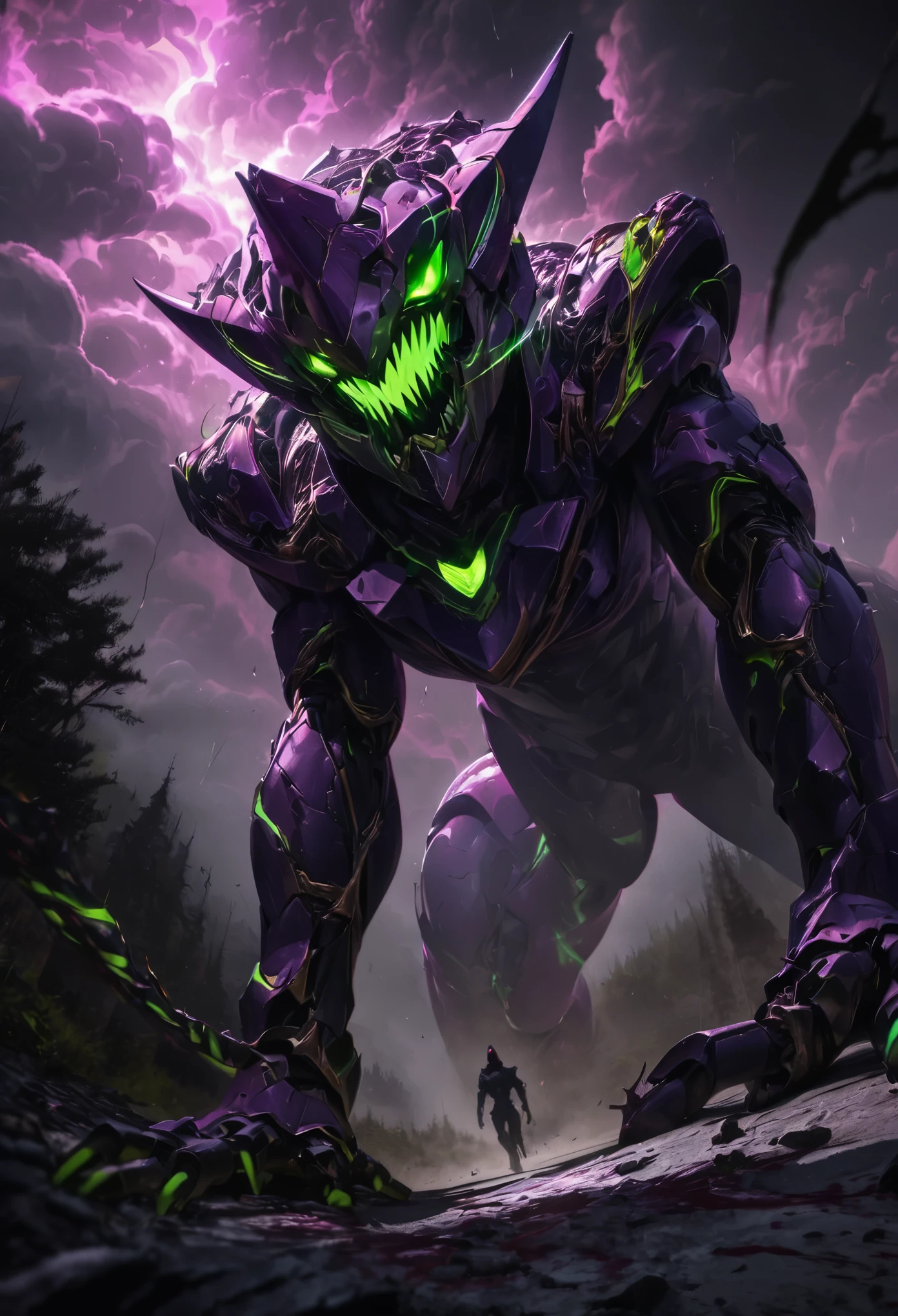 (best quality, 4k, ultra detailed, high resolution, masterpiece: 1.2), giant robotic humanoid (Eva 01) on all fours with its mouth open between trees in a valley, with its mouth open revealing intricate and detailed teeth and tongue, purple armor with glowing green highlights, human arm, berserk mode, and a thin and organic body covered with metallic armor, walking on all fours, smoke and dark atmosphere, green eyes, glowing eyes, bestial roar, broken armor revealing a living organism, thick blood,ominous clouds, dark illustration style, high contrast, dark shadows, atmospheric perspective, ominous colors, cinematic composition, volumetric lighting, numbers, brush strokes, dramatic lighting, low angle, surrealism, super detailed, hyperrealism