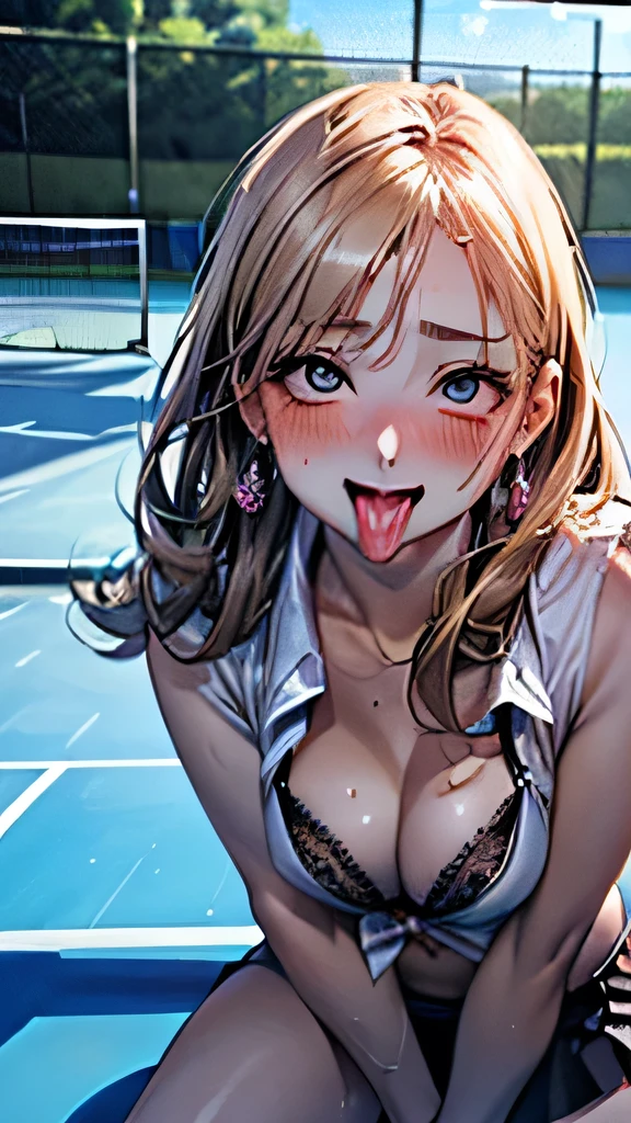 (masterpiece:1.2, highest quality), (Realistic, photoRealistic:1.4), Beautiful illustrations, (Natural Side Lighting, Cinema Lighting), Browsing Caution,(((whole body))) ,(((Both hands were pinned to the ground,Pushed down to the ground,Bare body,Underwear in full view)),(((whole body))),
Japanese, ((1 high school girl,)),Perfect Face, Cute and symmetrical face, Shiny skin,
Blonde, blue eyes, Pink Lips, Baby Face, Mole under the eye, ((whole body)),High school girls in the girls' tennis club,Big Breasts, Long legs, Narrow waist, Plump thighs, Belly button exposed, (((She is wearing a sexy tennis outfit..:1.1))), Big Breasts:0.6, Cleavage:0.6, ((Beautiful blue eyes, Beautiful erotic eyes:0.85)), ((Pink tennis uniform, Micro mini tennis skirt, socks, Tennis shoes,White panties in full view,Exposed underwear)), Sexy Face:0.4, blush:1.1, ((A taste that evokes beautiful eroticism:0.85)), ((Too erotic:0.9)), Super sexy pose, White panties are visible, Beautiful body, Cleavage, Underwear in full view,Sexy thighs、Sexy ass, White lace underwear,Long eyelashes, (Large Breasts:1.5, Thick thighs),
Beautiful Hair, Beautiful Face, Beautiful details, Beautiful clavicle, Beautiful body, Beautiful breasts, Beautiful thighs, Beautiful legs, Beautiful fingers,
White lace bra,Big earrings,Big breasts spilling out of the bra, Midsummer afternoon、Tennis court, (Sexy Eyes, squint,Watery eyes,Troye), (((Spread your legs wide)))、Spread your legs、Spread your legs,(((Stick your tongue out,Embarrassed face,Embarrassed,blush))),Drooling,Sweat,Soaking wet,(((Unbutton all your clothes,Show me your underwear))),(((Shooting from under the crotch,Low - Angle,Crotch and chest are completely visible))), Red nose, saliva, close your eyes , whole body, (Provocative pose,Tennis court:1.5),Open your mouth,(((Tickling,whole bodyをくすぐられながら)))