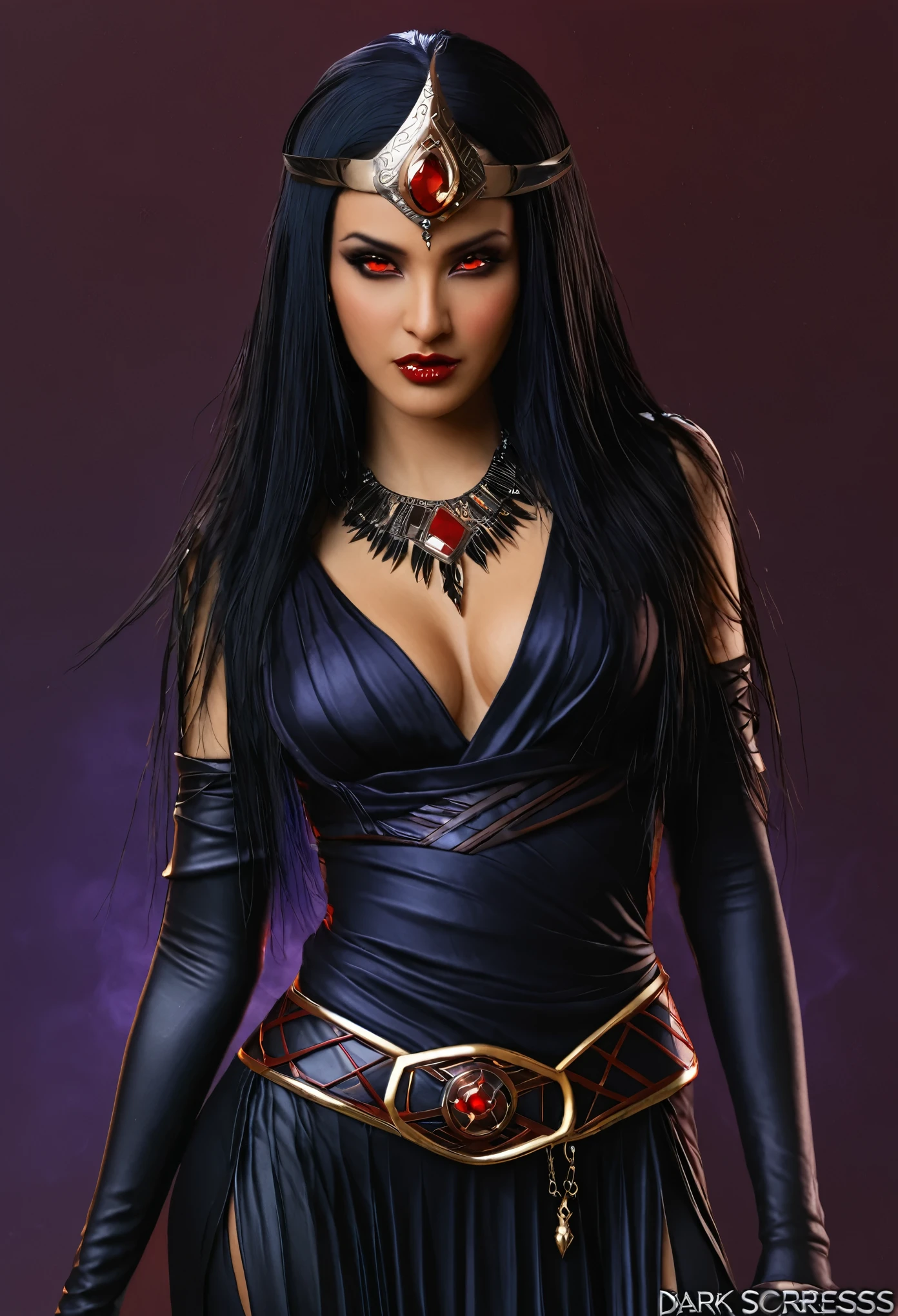 Egyptian woman, dark sorceress, modern outfit, black hair, red eyes, witch