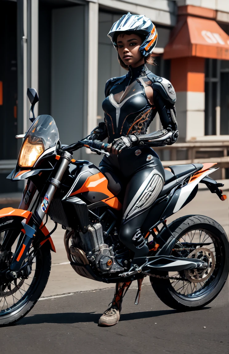 full body shot, wharf scene, beautiful female cyborg woman riding a KTM 450 motocross motorcycle, glamorous shape, shoulder-length, beautiful shiny smooth, high quality, best quality, absurdres, masterpiece, beautiful, intricate details, 1/2 body crop, slim body, beautiful figure, magnificent anatomy, (intricate details:1.12), HDR, (intricate details, hyper-detailing:1.15), (natural skin textures, hyper realisitc, soft light, Sharp:1.2)