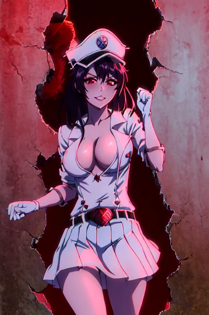 bambietta, (burned ruined city:1.2), (blush:1.2), parted lips, suggestive smile, hat, white military form, short white pleated skirt, upskirt, white gloves, masterpiece, detailed, intricate details, belt, looking at viewer, medium breasts, no bra, cleavage popping out