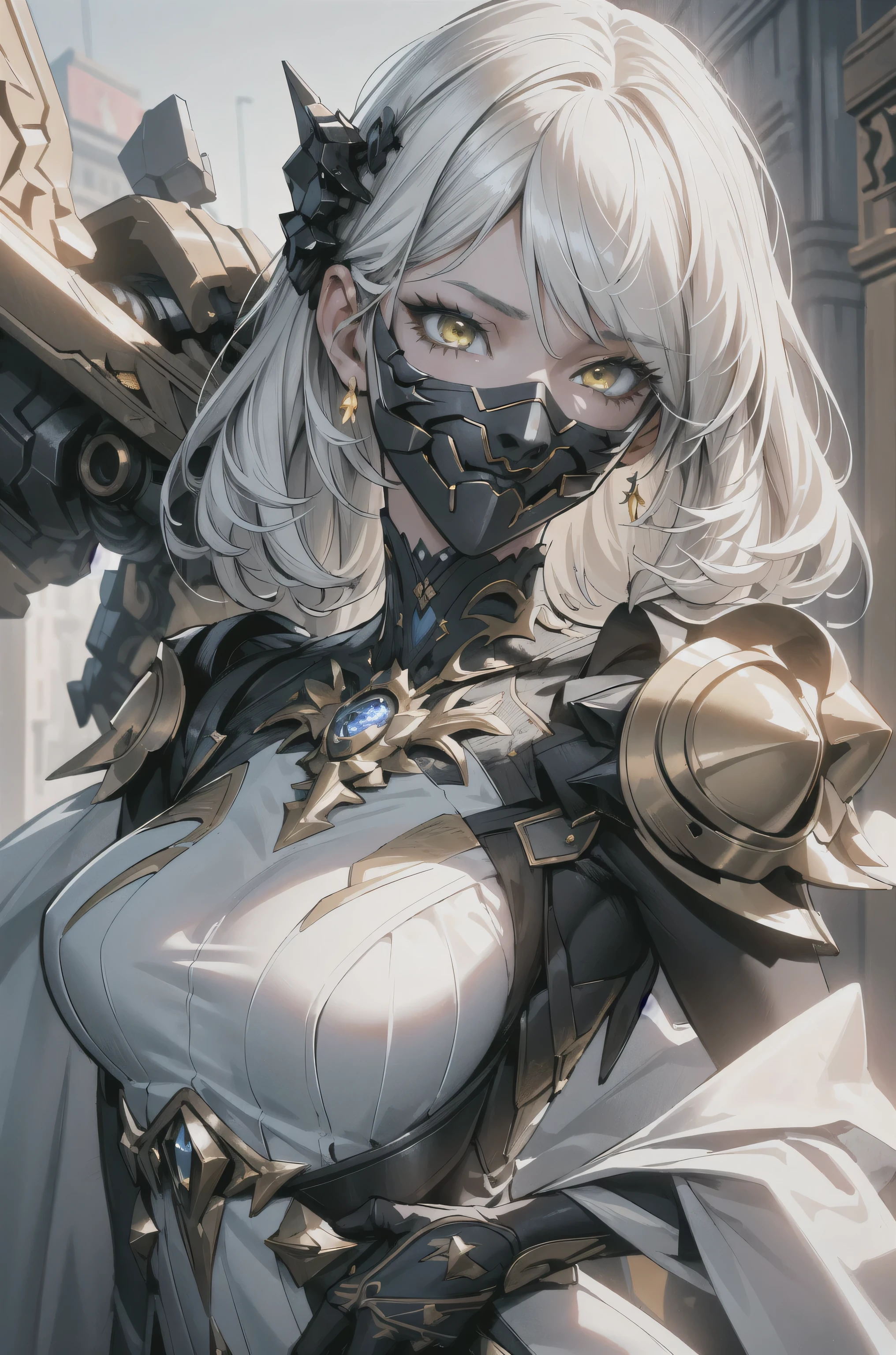 (masterpiece:1.2,high quality), 1girl, ((ultra realistic details)), global illumination, shadows, Dynamic Lighting, Unreal Engine, octane render, 8k, ultra sharp, metal, intricate, ornaments detailed, highly intricate details, yellow eyes, (mechanical body:1.2), white hair, (black mask), Gear, Apocalypse,