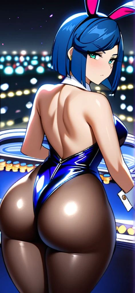 Goth anime girl Yelan (genshin impact) busty with thick thighs and big ass bigger than thighs and head and body with black and blue hair, in a casino party in playboy bunny suit ass view