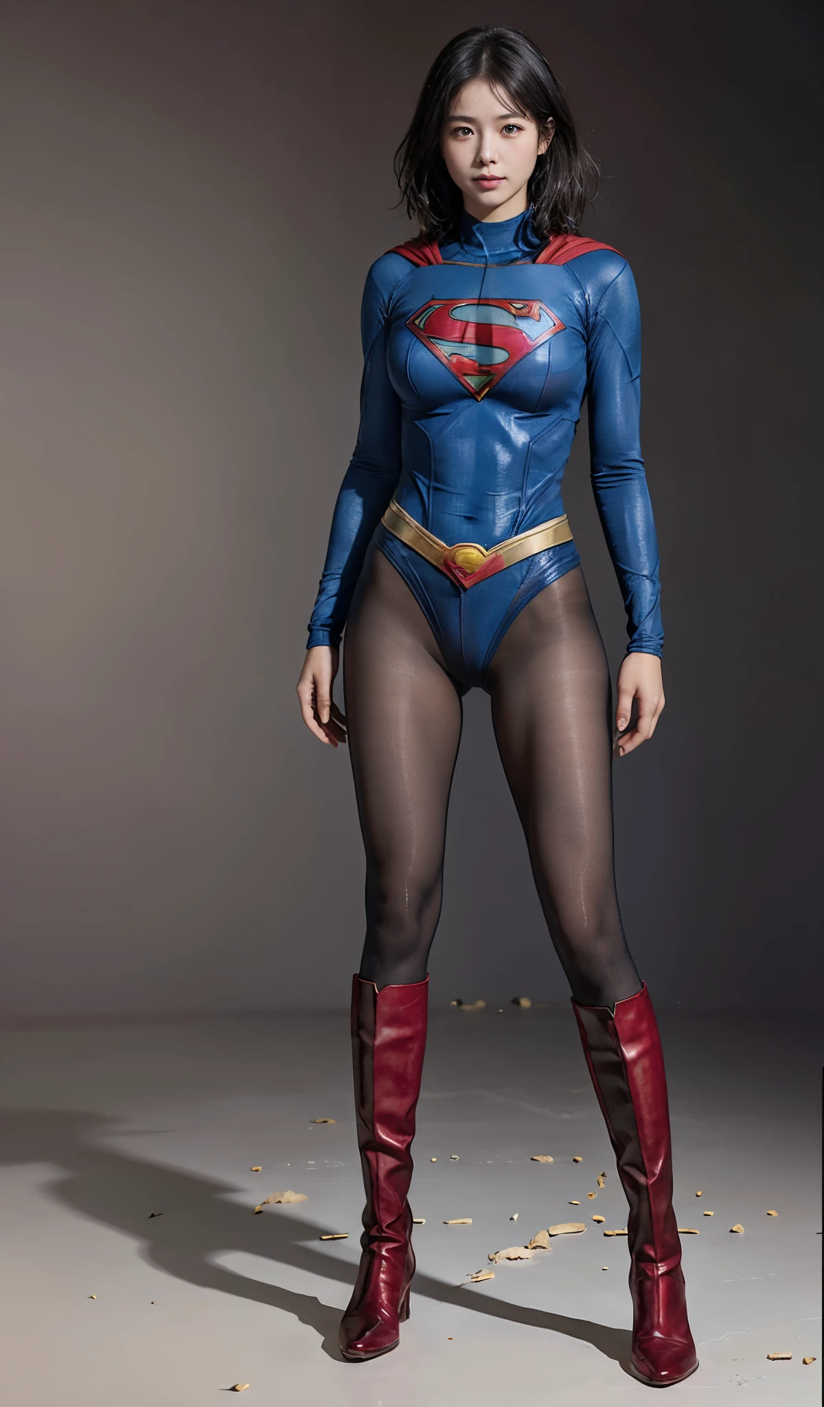 No background、(((Beautiful legs in black tights.)))、(((Legally express the beauty of your smile)))、((((Make the most of your original images)))、(((Supergirl Costume)))、(((Beautiful short bob hair)))、(((suffering)))、(((Please wear black tights....、Wear red boots)))、((Best image quality、8k))、((highest quality、8k、masterpiece:1.3))、(((Preserve background )))、Sharp focus:1.2、Beautiful woman with perfect figure:1.4、Slim Abs:1.2、Wet body:1.5、Highly detailed face and skin texture、8k