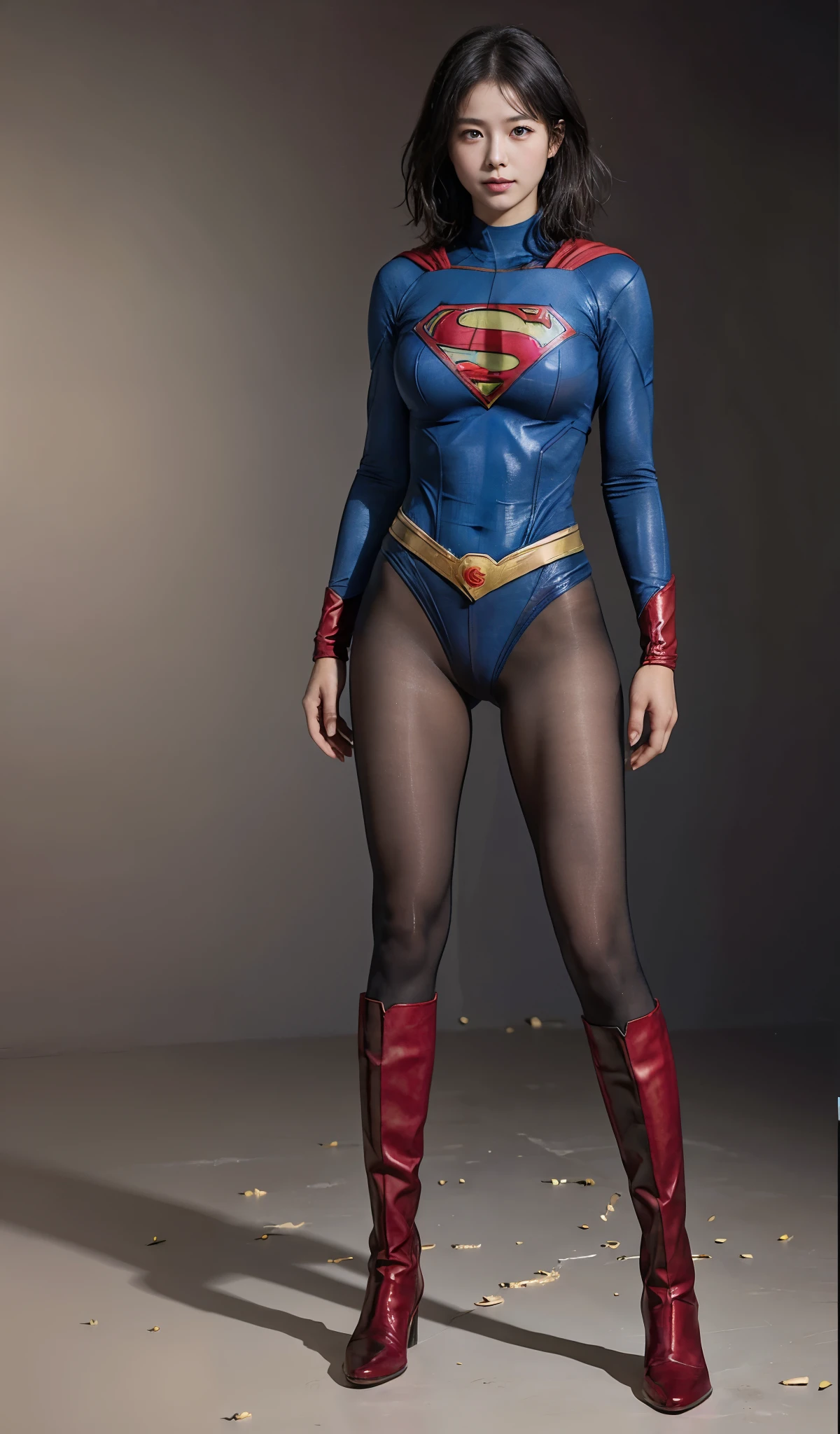 No background、(((Beautiful legs in black tights.)))、(((Legally express the beauty of your smile)))、((((Make the most of your original images)))、(((Supergirl Costume)))、(((Beautiful short bob hair)))、(((suffering)))、(((Please wear black tights....、Wear red boots)))、((Best image quality、8k))、((highest quality、8k、masterpiece:1.3))、(((Preserve background )))、Sharp focus:1.2、Beautiful woman with perfect figure:1.4、Slim Abs:1.2、Wet body:1.5、Highly detailed face and skin texture、8k