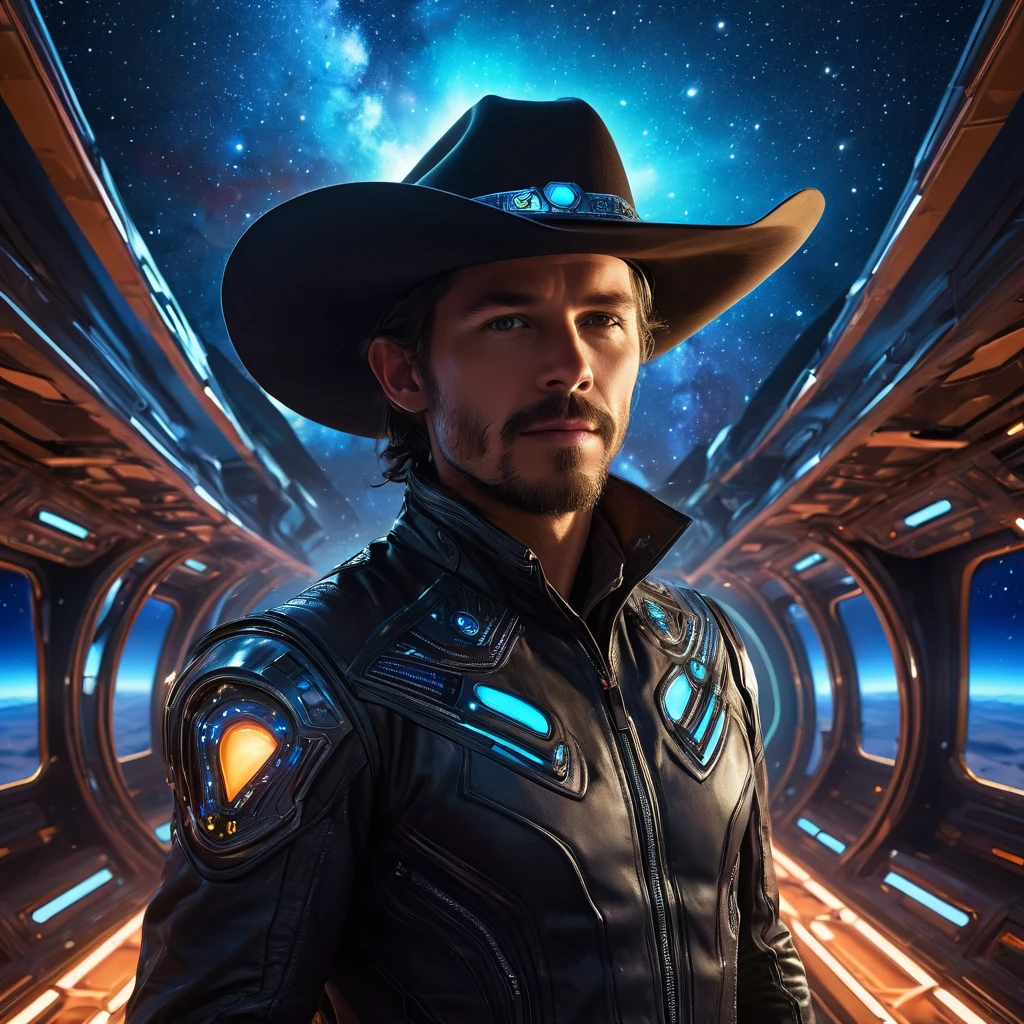 Cowboy extraterrestre sur un vaisseau spatial，Espace noir，(chapeau de cowboy)，western futuriste，dynamic lighting，starry sky，Inside the spaceship，cybernetic enhancement，vêtements de cow-boy，broken landscape，couleurs vives，energy at index d&#39;high octane。（best quality，4k，masterpiece：1.2），Ultra detailed，Realistic：1.37，HDR，studio lighting，concentration claire，Des couleurs vives，defocused，portrait，la science-fiction，cartoon，Palette de style jazz，Ethereal Lighting Effects。