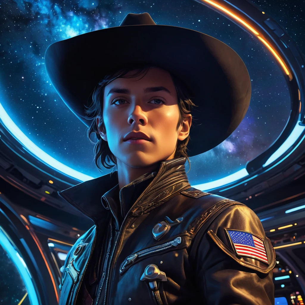 Cowboy extraterrestre sur un vaisseau spatial，Espace ????，(chapeau de cowboy)，western futuriste，dynamic lighting，starry sky，Inside the spaceship，cybernetic enhancement，vêtements de cow-boy，broken landscape，couleurs vives，energy at index d&#39;high octane。（best quality，4k，masterpiece：1.2），Ultra detailed，Realistic：1.37，HDR，studio lighting，concentration claire，Des couleurs vives，defocused，portrait，la science-fiction，cartoon，Palette de style jazz，Ethereal Lighting Effects。