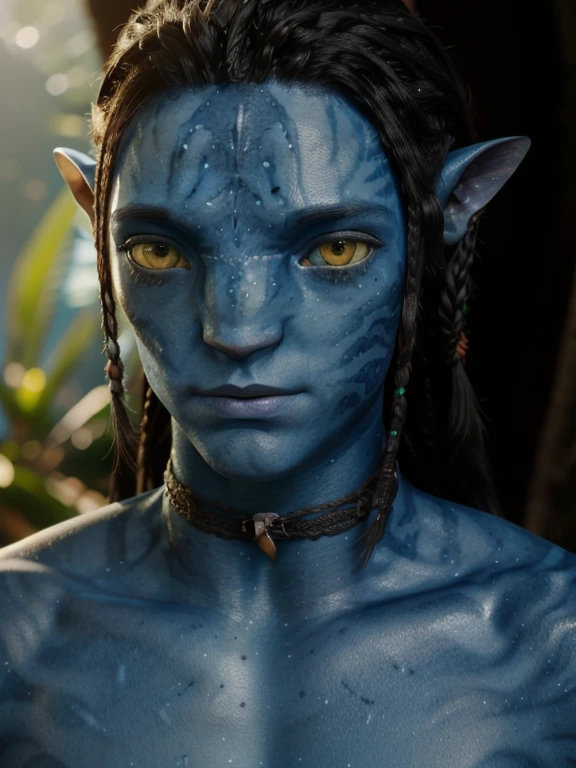 avtr:1.1, avatar style, portrait:1.6, 1boy, male, (AvLoak), (blue skin tone:1.0), (long braided hair:1.0), black hair color, yellow eyes, (adult), 18 years old:1, face wrinkles, wearing tribal clothing, detailed eyes, toned body, muscled body, vibrant colors, glowing, ethereal atmosphere, surrealistic dreamy lighting, textured skin, otherworldly beauty, mesmerizing photography, (best quality, highres), vivid colors, ultrarealistic, skin details, striped skin, sfw, face close-up:0.7, ultradetailed body