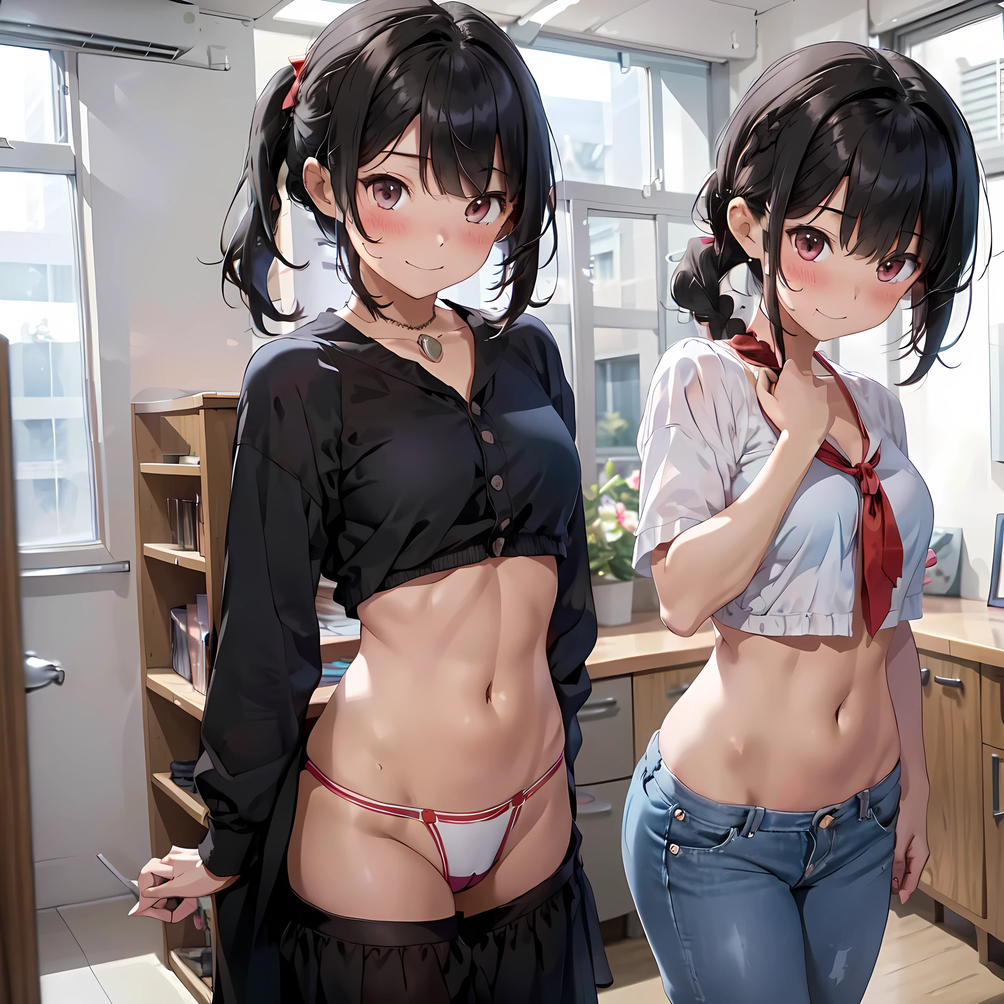 ((masterpiece, best quality, ultra quality, high quality, hyper detailed, intricate detailed, perfect anatomy, shiny skin)), ((three girls are sticking out their big butt boldly)), (body shot), (big butt), (In the school changing room), (smile, shy, red cheek, blush, Open your mouth:1.5), (slender), hair band, Headband, hair bobbles, brown hair, blond hair, navel, jewelry, looking at viewer, necklace, long hair, short hair, Abdominal muscles, (Thong), straight hair, bob cut, blunt bangs, silky hair, jet black hair, hair clip, hair band, hair ribbon, one-length haircut, ducktail, outward curled hair, French twist hair, twintails, side ponytail, single braid, wavy hair, bangs pinned back,