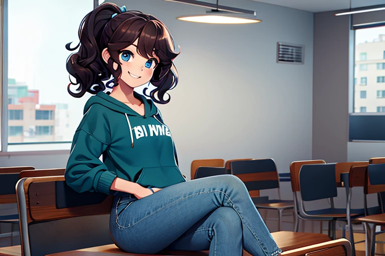 Female; curly brown hair; short ponytail; eighteen; hardened face; cute smile; light blue eyes; dark green hoodie; navy blue jeans; classroom; corner seat