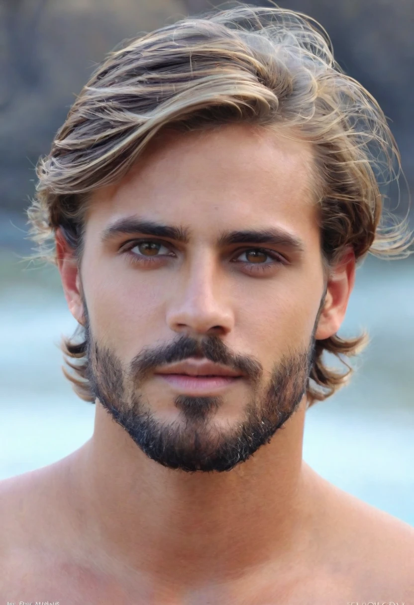 Modelo masculino,barba curta, cabelos castanhos claros, olhos claros