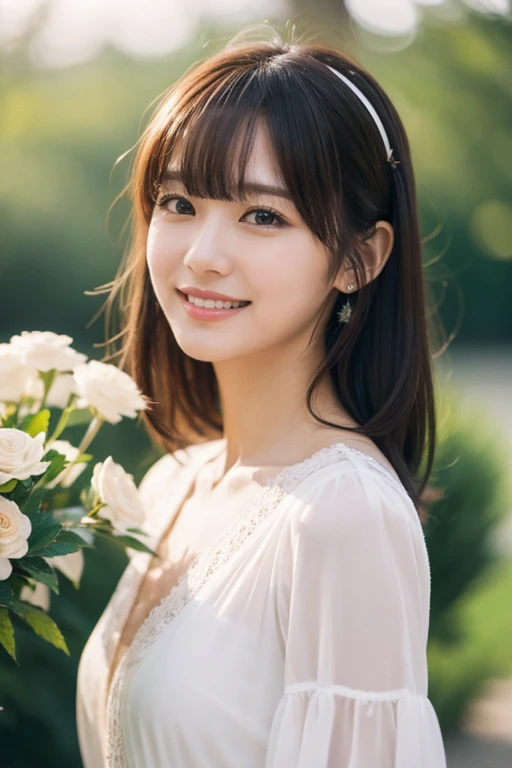 Medium View, Medium Shot, Written boundary depth, bust, Upper Body, Cinematic Angles, masterpiece, highest quality, Very detailed, cg, 8K Wallpaper, Beautiful Face, Delicate eyes, Otome, alone, smile, bangs, have,white colored dresses, bow, petal, bouquet