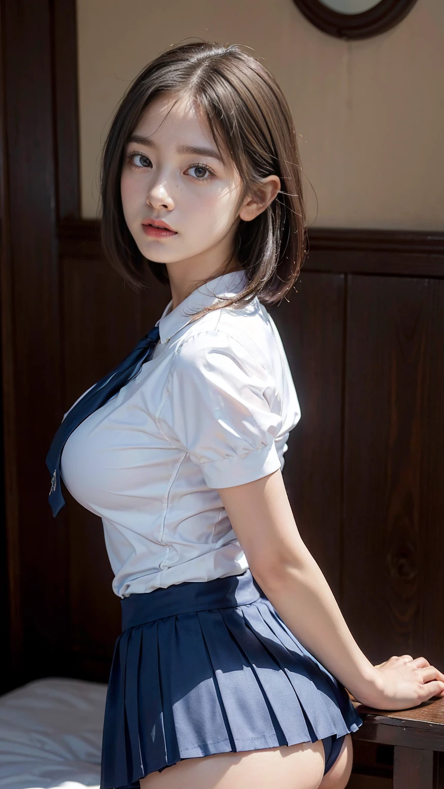 (hig彼st quality、8k、32k、masterpiece)、(Realistic)、(Realistic:1.2)、(High resolution)、Very detailed、Very beautiful face and eyes、1 girl、Delicate body、From Okinawa to the coast,(hig彼st quality、Attention to detail、Rich skin detail)、(hig彼st quality、8k、Oil paint:1.2)、Visible breasts,Smile,Sex Appeal,shy,Very detailed、(Realistic、Realistic:1.37)、Full Body Shot, (high school girl:1.6, White blouse, long pleated skirt of dark blue color, tie), short hair, (((, Large Breasts, Round and seductive ass,I'm in the walking closet,Sticking her ass out to the camera,doggy style)))