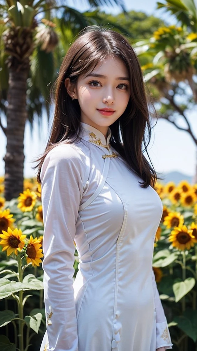Top-quality Realistic,Official art,Highly detailed CG Unity 8k wallpaper,ultra-detailliert,hight resolution,Physically-based rendering,Magnificat,finely detail,masterpiece,Best Quality,ultra detailed,Mature beauty,Beautiful women,1girl,moist lips,sexy lips,Sexy smile,Gentle smile, 20 years old, Beautiful bare skin,Smooth bare skin, big well-shaped breasts, beautiful cleavage,beautiful Mature body,swept bangs,(Medium hair:1.3), beautiful detailed eyes,model shoot style,Japanese Idol,Full-body,((Sunflower blooming field)),BREAK, ((Ao dai:1.3)),(vietnamese national costume),Standing model pose,Delicately expressed eyes,cute smile,shoot from below,(in fountain square),A lot of Sunflower are blooming on both sides,walking model pose,((Extreme close-up)),