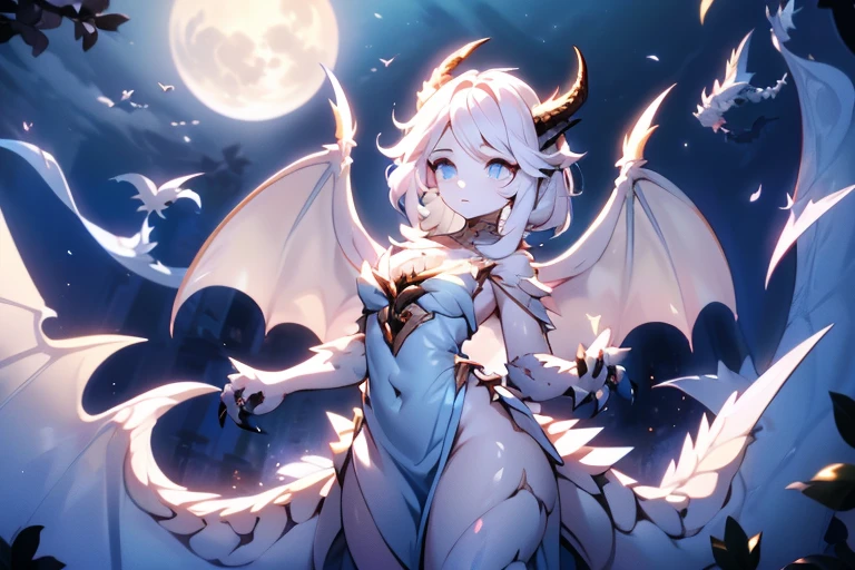 1girl, glowing blue eyes, wavy short white hair, demure ornate dress, pale blue scales, lots of pale blue scales on face, dragon wings, medium chest, dragon horns, 2 hands with claws and scales, under the moon, slender figure, scaled humanoid, dragon eyes