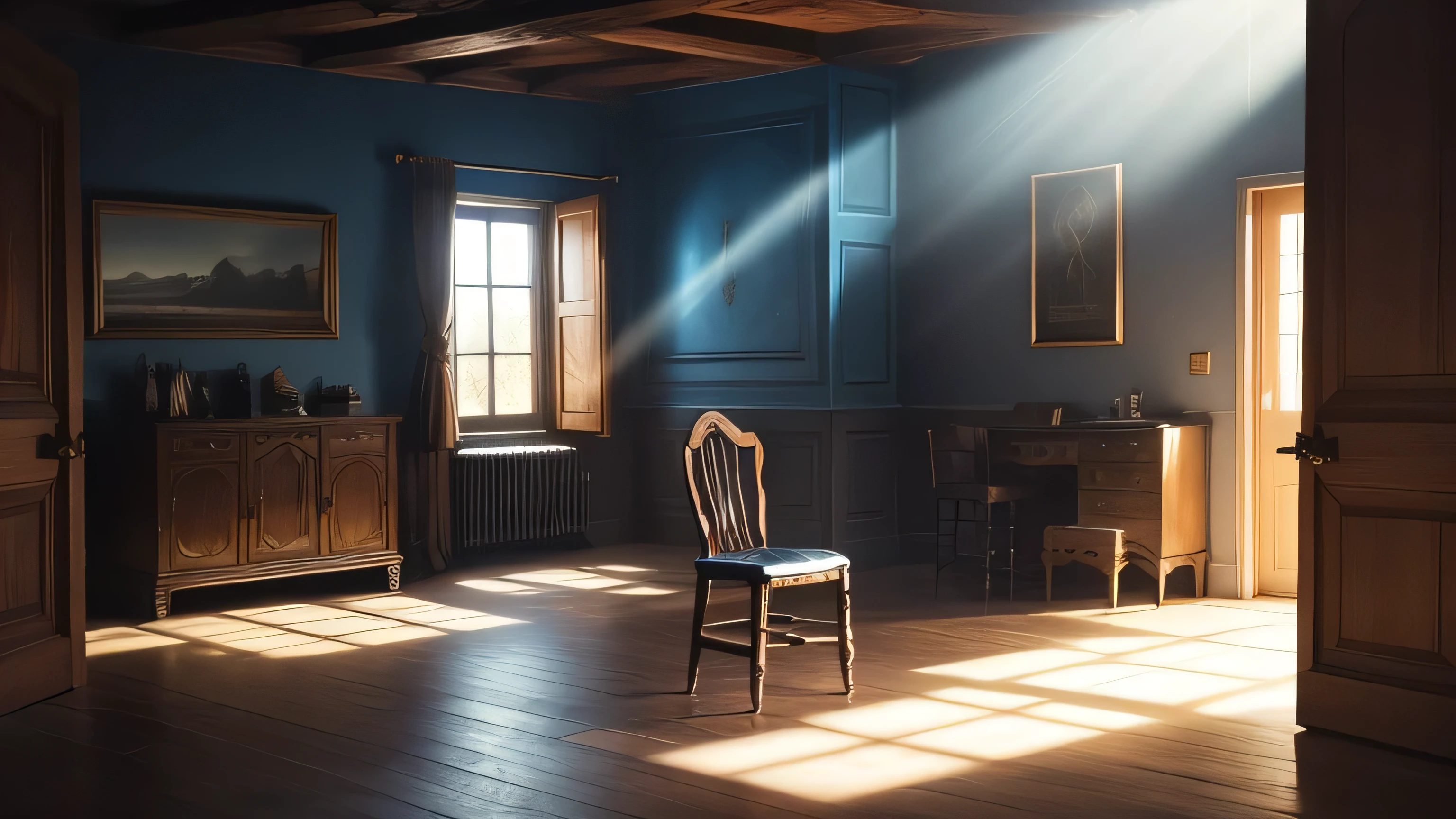 background, a dark and strange room, illuminated by a mixture of blue, brown and yellow light, the focus of light is on an old wooden chair placed in the center of the room, darkness reigns