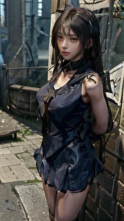 highest quality,masterpiece,Ultra-high resolution, Very detailed, 8k,(Beautiful woman),(一人のBeautiful woman),((Put your arms behind your back)),(((Bondage))),(execution),((incontinence)),Scared,torture,slave,((Woman bound in chains:1.5)),Crucifixion,((sailor macuri:1.4)),Sailor Warrior Uniforms,White gloves,Blue Skirt,Blue Boots,Large Breasts、((Torn costume:1.5)),((Tearing of clothes:1.5)),(Tattered clothes:1.5),(Torn clothes, Revealing clothing, :1.3),Traces of being beaten,Defeated heroine,A ruined world,Remains,ruins,Browsing Caution