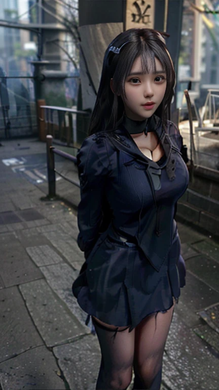 highest quality，masterpiece，Ultra-high resolution, Very detailed, 8k，(Beautiful woman)，(一人のBeautiful woman)，((Put your arms behind your back))，(((Bondage)))，(execution)，((incontinence))，Scared，torture，slave，((Woman bound in chains：1.5)),Crucifixion，((sailor macuri:1.4))，Sailor Warrior Uniforms，White gloves，Blue Skirt，Blue Boots，Large Breasts、((Torn costume：1.5))，((Tearing of clothes：1.5))，(Tattered clothes：1.5)，(Torn clothes, Revealing clothing, :1.3)，Traces of being beaten，Defeated heroine，A ruined world，Remains，ruins，Browsing Caution