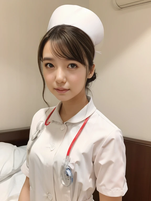 1 girl,(Wearing white nurse clothes:1.2),(RAW Photos, highest quality), (Realistic, photo-Realistic:1.4), masterpiece, Very delicate and beautiful, Very detailed, 2k wallpaper, wonderful, finely, Very detailed CG unity 8k wallpaper, Very detailed, High resolution, Soft Light, Beautiful detailed girl, Very detailed eyes and face, Beautiful and detailed nose, finely beautiful eyes, Perfect Anatomy, Black Hair, Upstyle, nurse uniform, ((nurse cap)), Long skirt, nurse, White costume, thin, hospital, clear, White Uniform, hospital room, Neck auscultation, ((Upper Body))