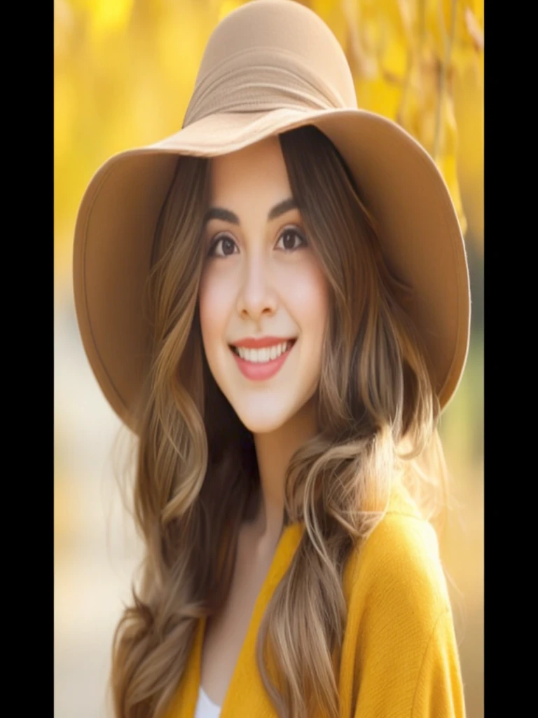 Close-up of a woman wearing a hat and smiling, Beautiful and smiling, have a hat, wearing a cute hat, head shot, dslr photo of cute teenage girl, Wear a cute choker and hat., Yellow wavy hair theme, beautiful model, beautiful smile, Profile picture, beautiful teenage girl, photo of young woman, She wears a hat.