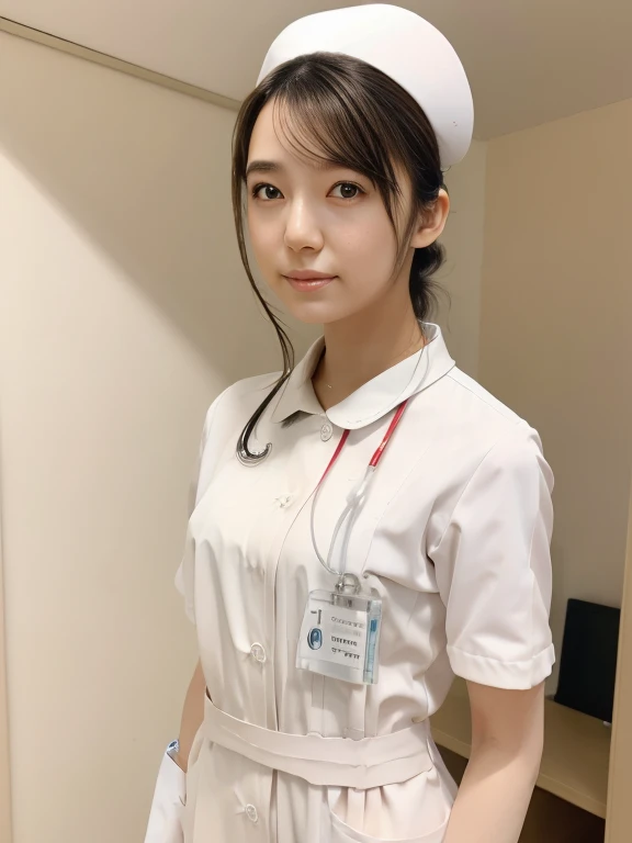 1 girl,(Wearing white nurse clothes:1.2),(RAW Photos, highest quality), (Realistic, photo-Realistic:1.4), masterpiece, Very delicate and beautiful, Very detailed, 2k wallpaper, wonderful, finely, Very detailed CG unity 8k wallpaper, Very detailed, High resolution, Soft Light, Beautiful detailed girl, Very detailed eyes and face, Beautiful and detailed nose, finely beautiful eyes, Perfect Anatomy, Black Hair, Upstyle, nurse uniform, ((nurse cap)), Long skirt, nurse, White costume, thin, hospital, clear, White Uniform, hospital room, Neck auscultation, 