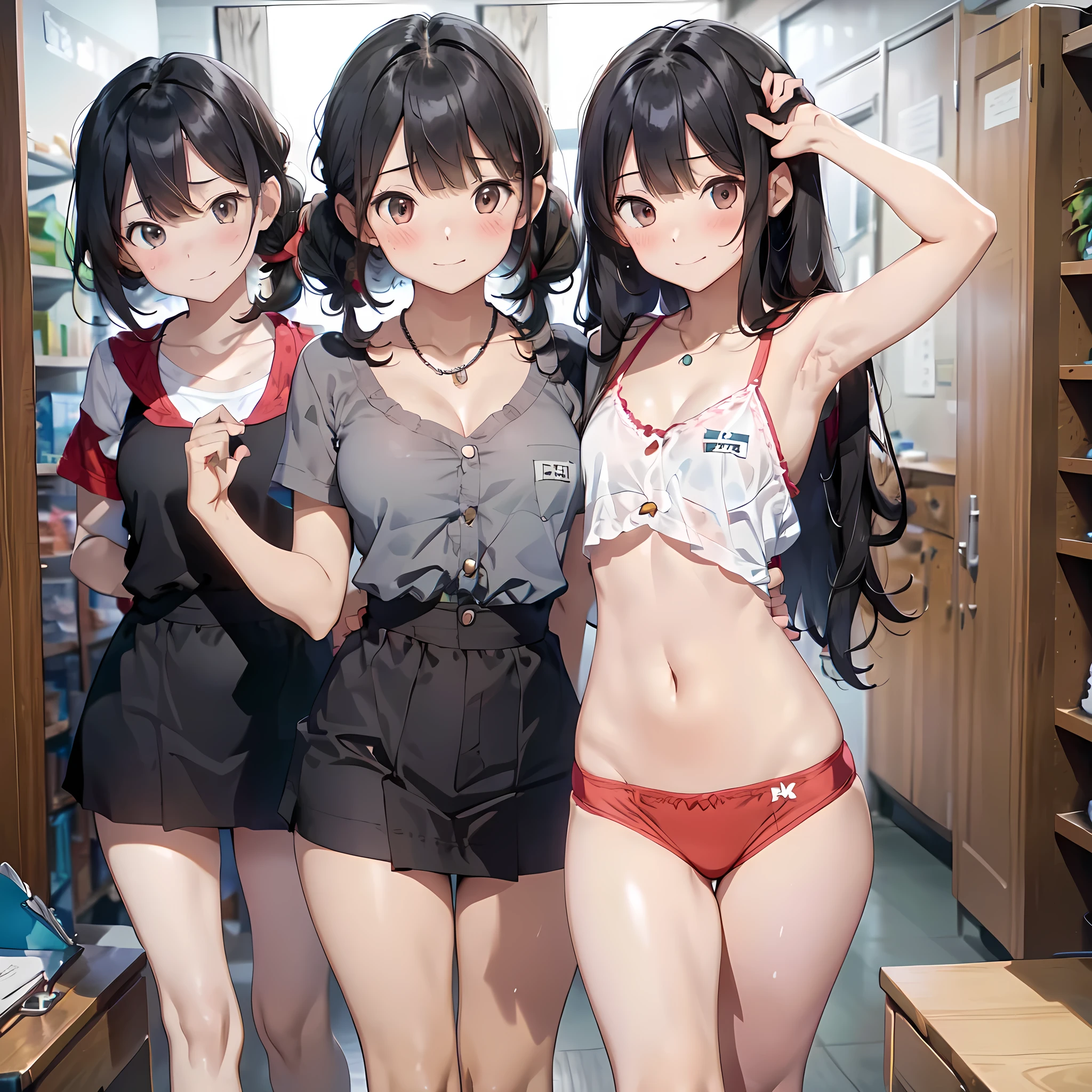 ((masterpiece, best quality, ultra quality, high quality, hyper detailed, intricate detailed, perfect anatomy, shiny skin)), ((three girls are sticking out their big butt boldly)), (body shot), (big butt), (In the school changing room), (smile, shy, red cheek, blush, Open your mouth:1.5), (slender), hair band, Headband, hair bobbles, brown hair, blond hair, navel, jewelry, looking at viewer, necklace, long hair, short hair, Abdominal muscles, (Thong), straight hair, bob cut, blunt bangs, silky hair, jet black hair, hair clip, hair band, hair ribbon, one-length haircut, ducktail, outward curled hair, French twist hair, twintails, side ponytail, single braid, wavy hair, bangs pinned back,
